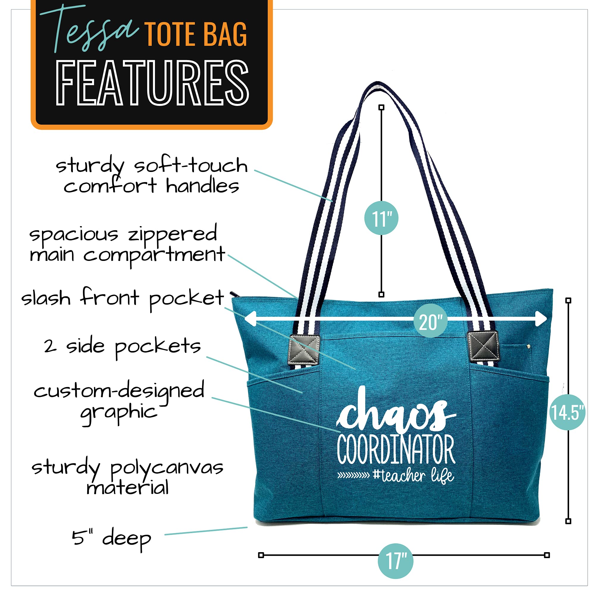 Brooke & Jess Designs Teacher Tote Bag for Women - Durable Work Bag with Multiple Pockets, Perfect Teacher Appreciation Gift for Educators | Great for School, Work, and Everyday Use