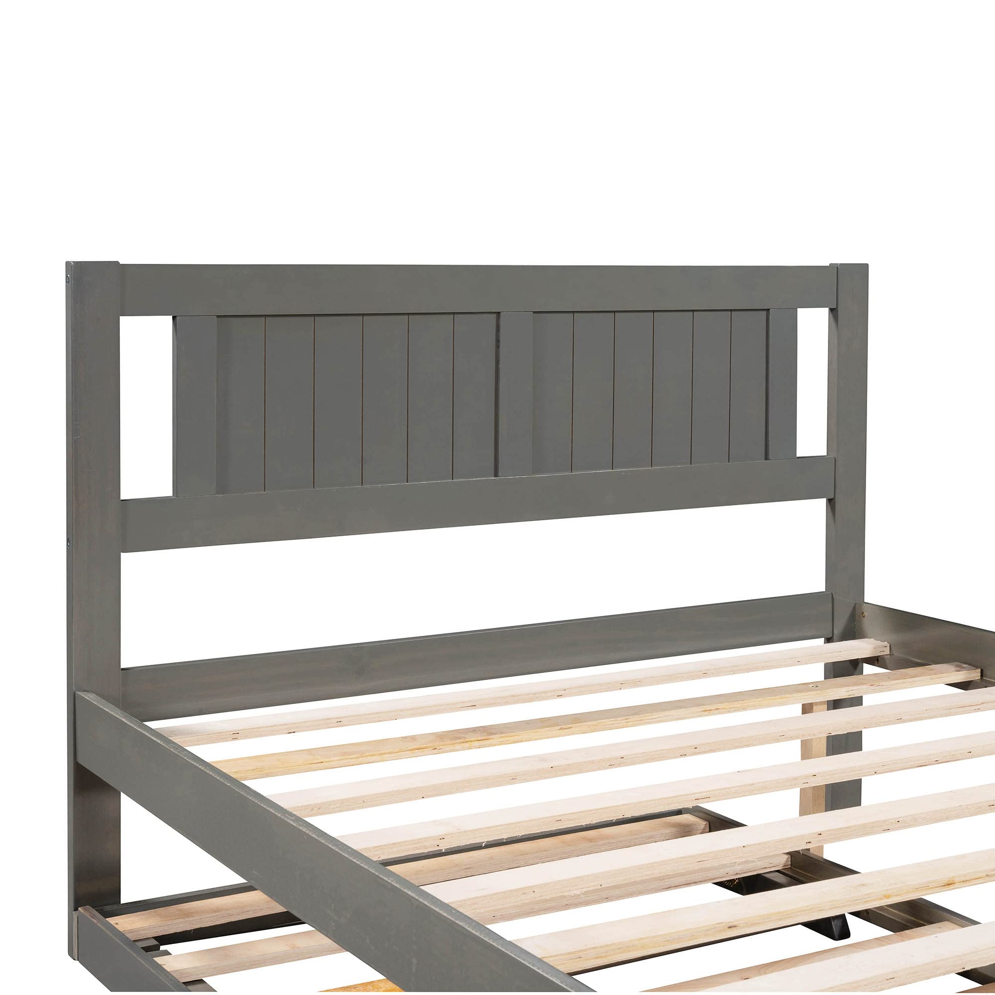 Full Size Wooden Platform Bed Frame with Adjustable Trundle & Headboard - Easy Assembly Mattress Foundation in Gray - Perfect for Guest Rooms, Kids' Rooms & Small Spaces