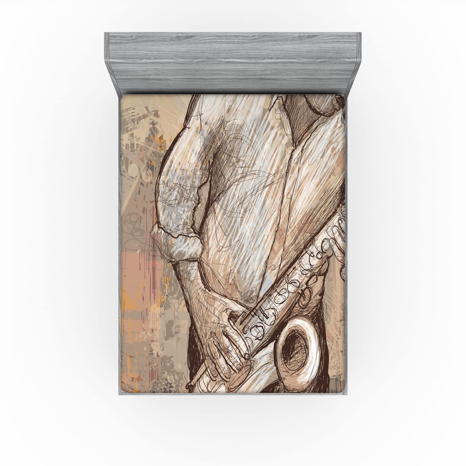 Ambesonne Music Fitted Sheet - Jazz Saxophone Player Street Art Print Bed Cover with Deep Pocket, Full Size Brown Ecru - Perfect for Jazz Lovers' Bedroom Decor & Gift Ideas
