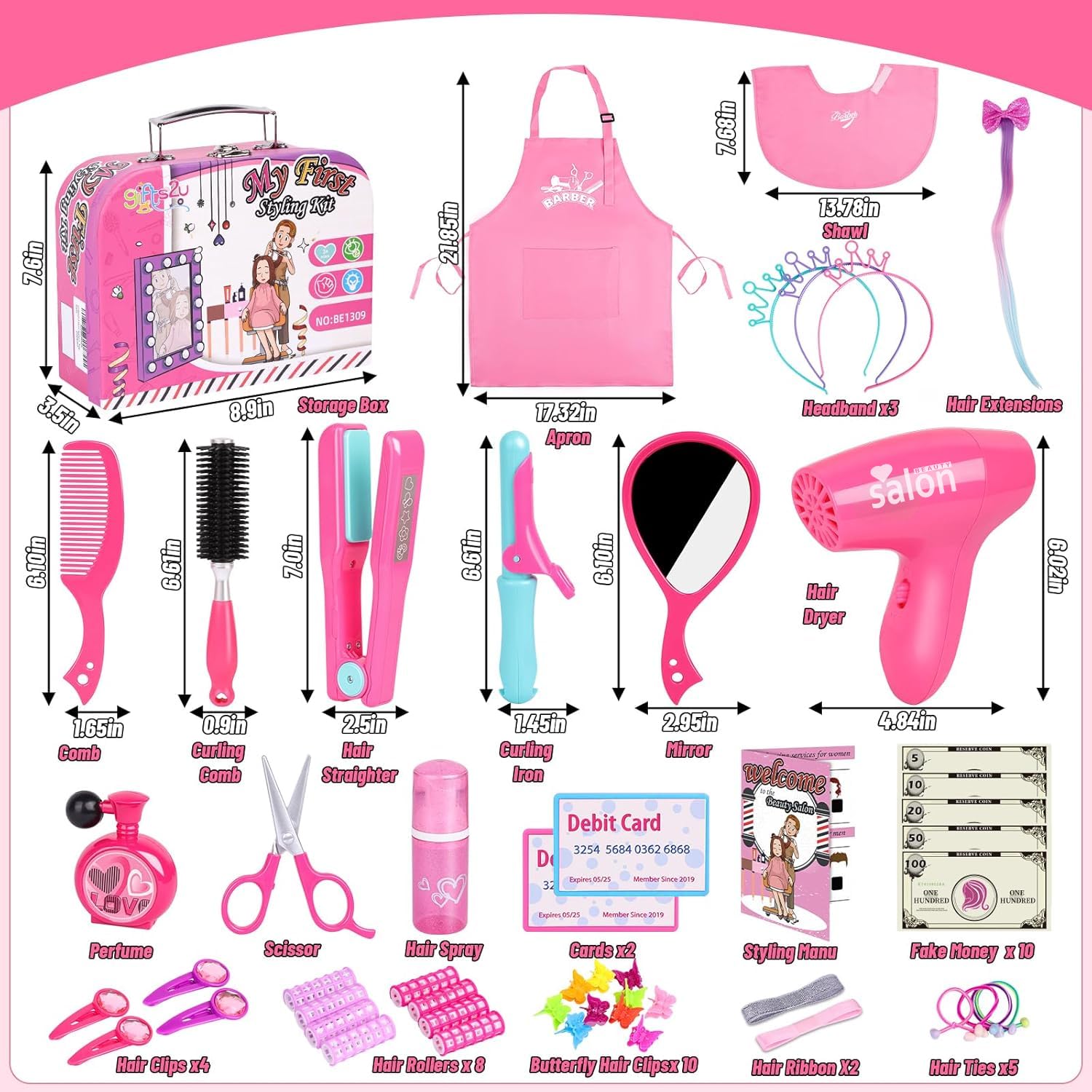 Girls Hair Salon Pretend Play Set - Styling Toys with Blow Dryer, Barber Apron, Scissors & Fake Money | Perfect for Kids Role Play, Birthday Gifts & Preschool Learning Activities