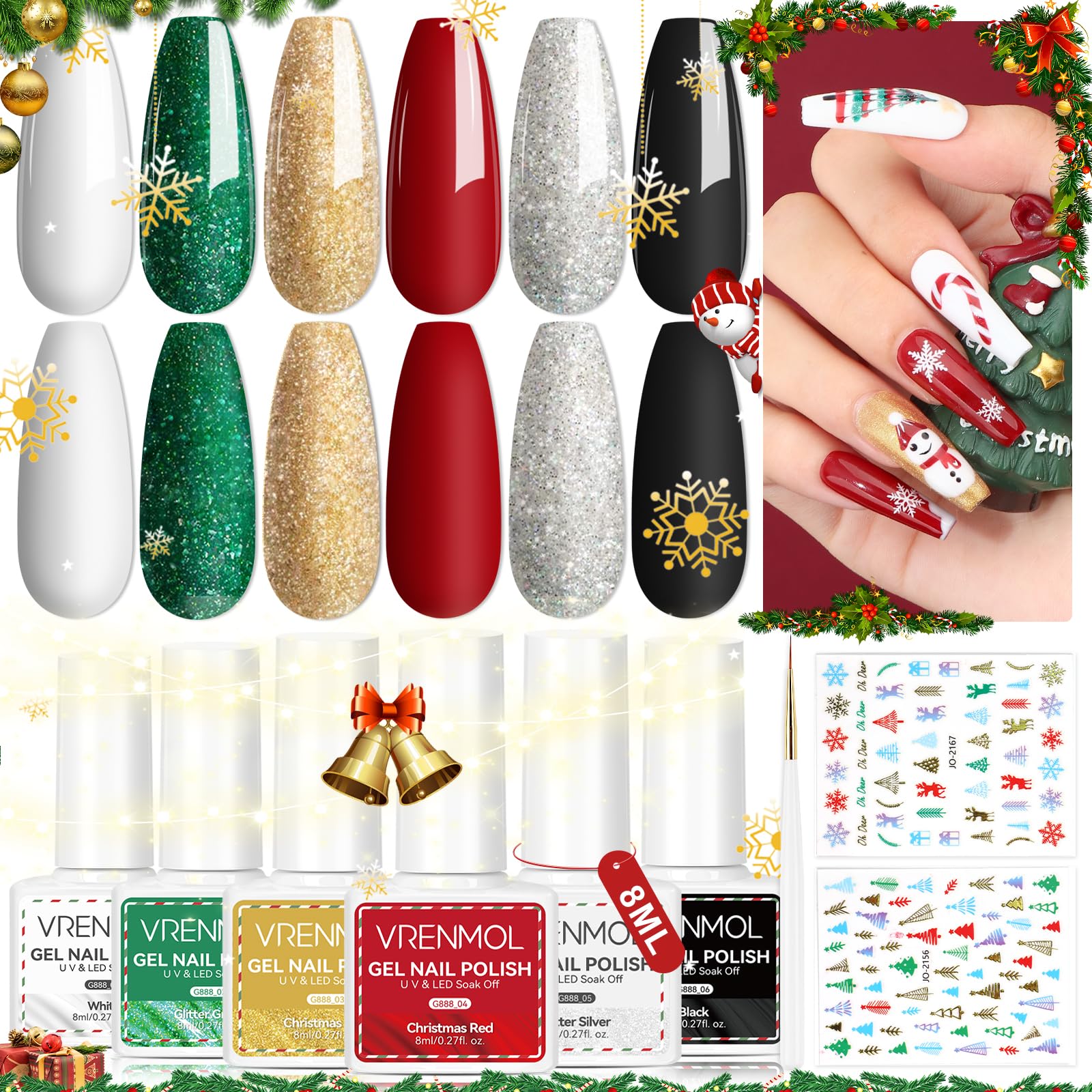 Vrenmol Christmas Gel Nail Polish Set - 6 Colors Glitter Soak Off LED Gel Polish Kit (0.27oz) with Nail Art Stickers & Liner | Red, Green, Gold, Silver Holiday Nail Designs for Home Salon, DIY Manicure & Party Nail Art