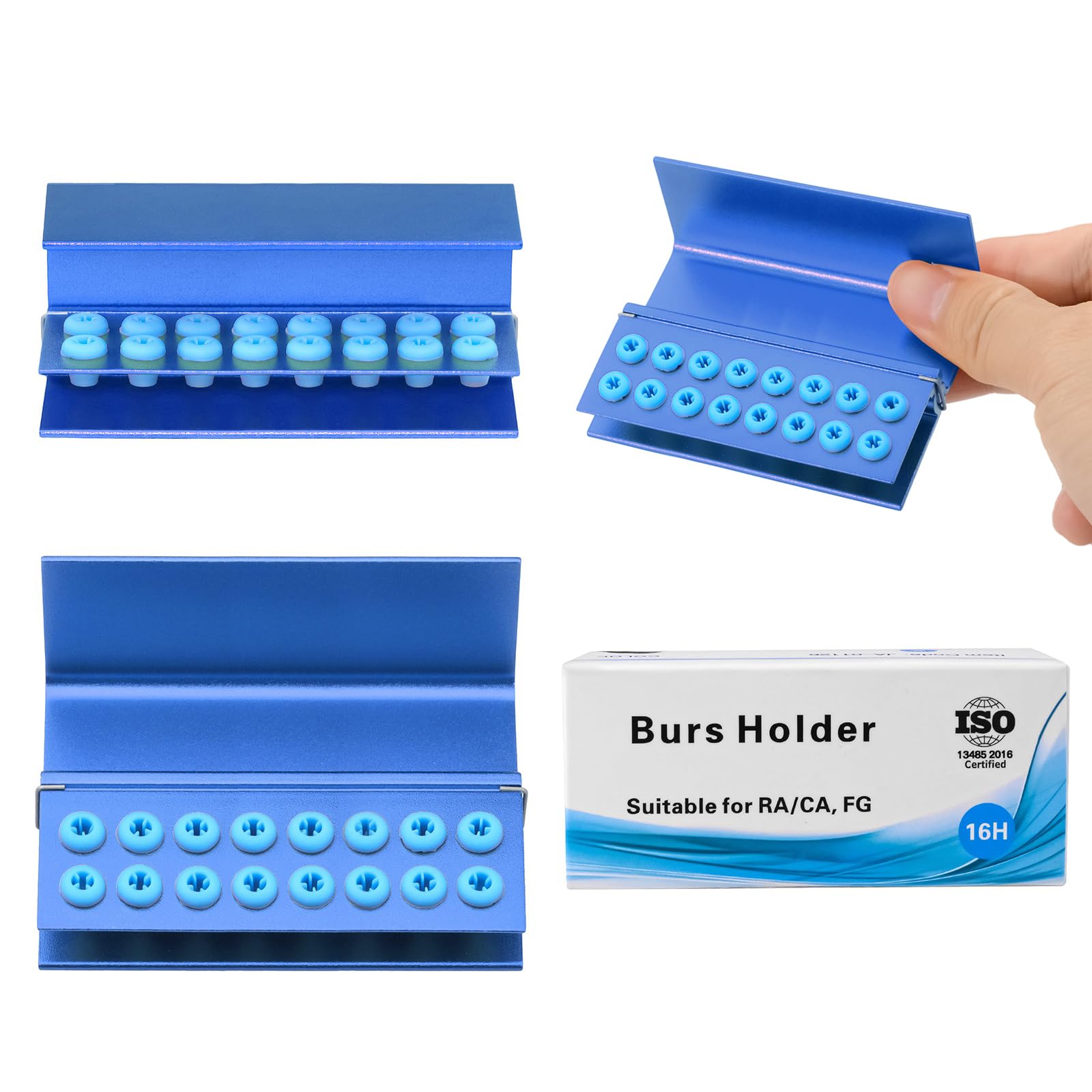 3PCS Aluminum Alloy Endo Box with Cover - 16 Hole Bur Holder & Organizer for Dental Tools | Sterilizable Case for Dental Clinics & Labs (Blue)