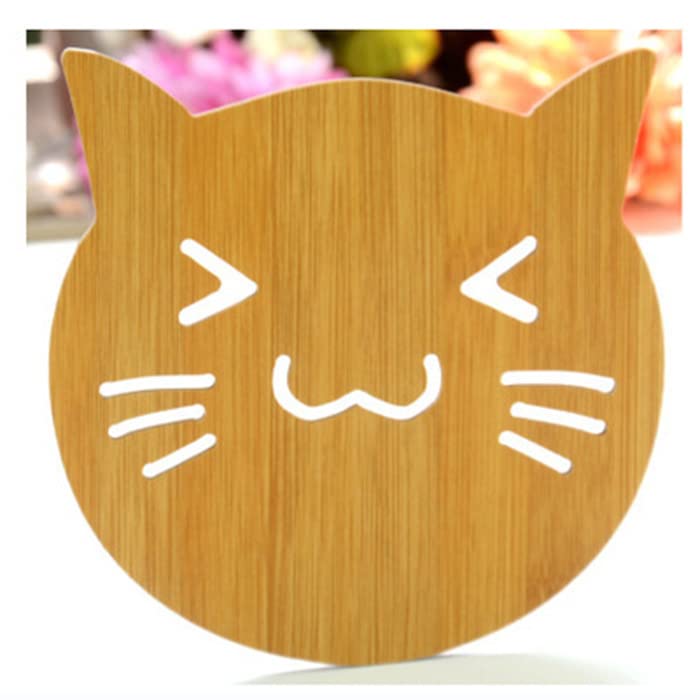 Eco-Friendly Bamboo Wooden Coasters Set of 2 - Absorbent Drink Coasters for Mugs, Cups & Glasses - Cat Design Home Decor for Kitchen, Dining Table & Office Use