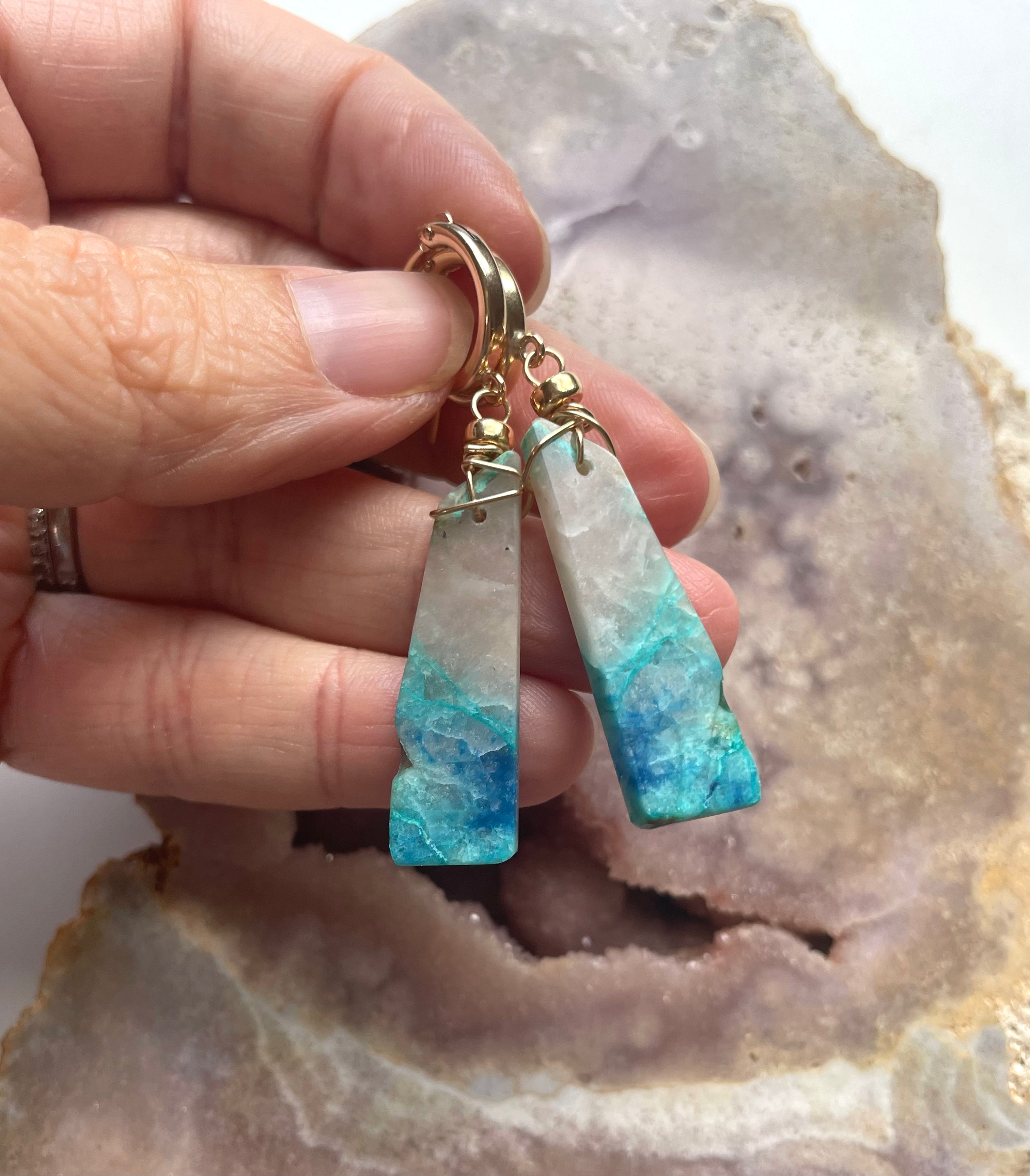 Chrysocolla Gold Filled Statement Hoop Earrings with Crystal Gemstones | Elegant Bohemian Jewelry for Women | Perfect for Parties, Weddings & Special Occasions