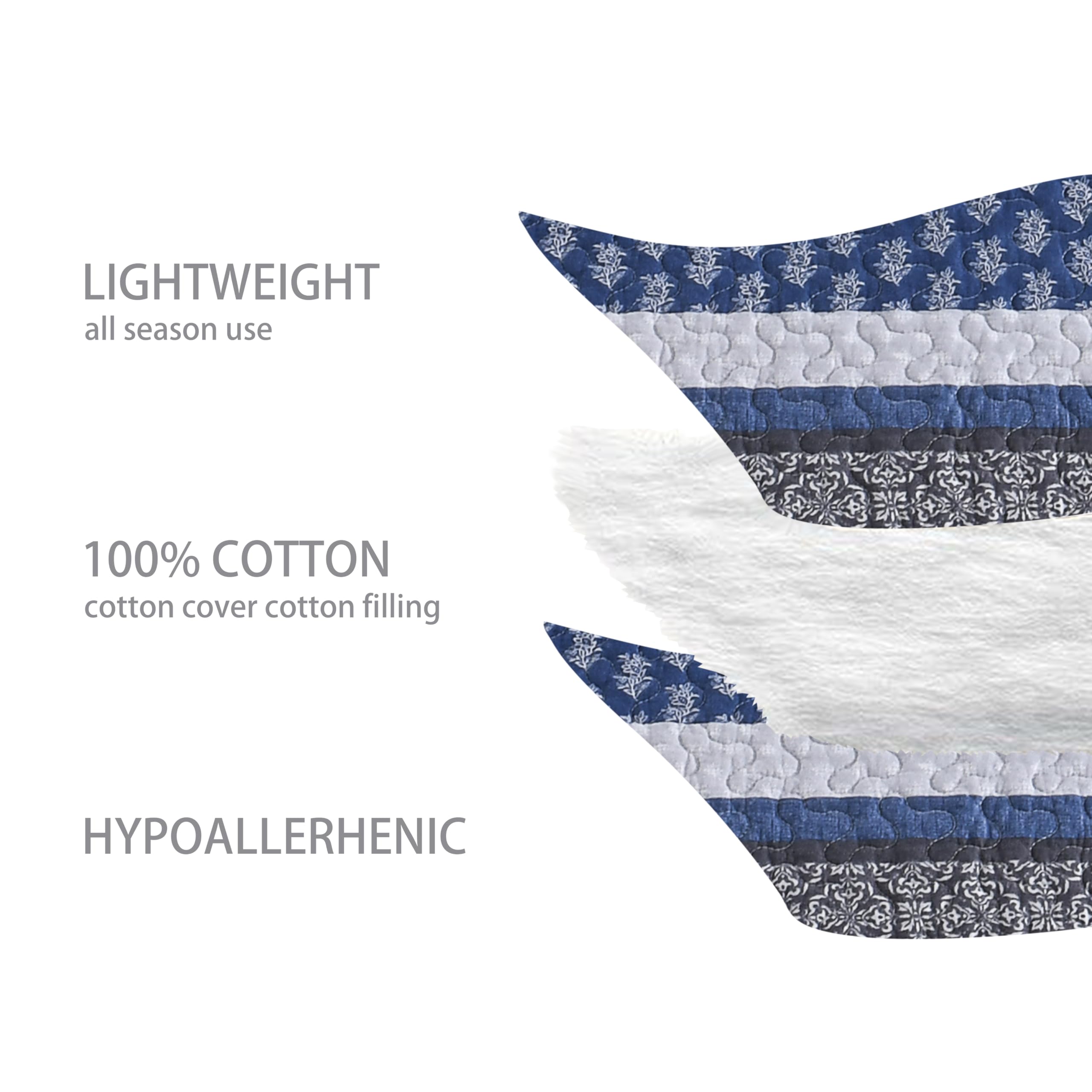Homzard 100% Cotton Queen Size Quilt Bedding Set - Lightweight Farmhouse Comforter with 2 Pillow Shams, Gray Blue Bedspread (90x98 Inches) | All-Season Cozy Bedding for Master Bedroom, Guest Room & Farmhouse Decor