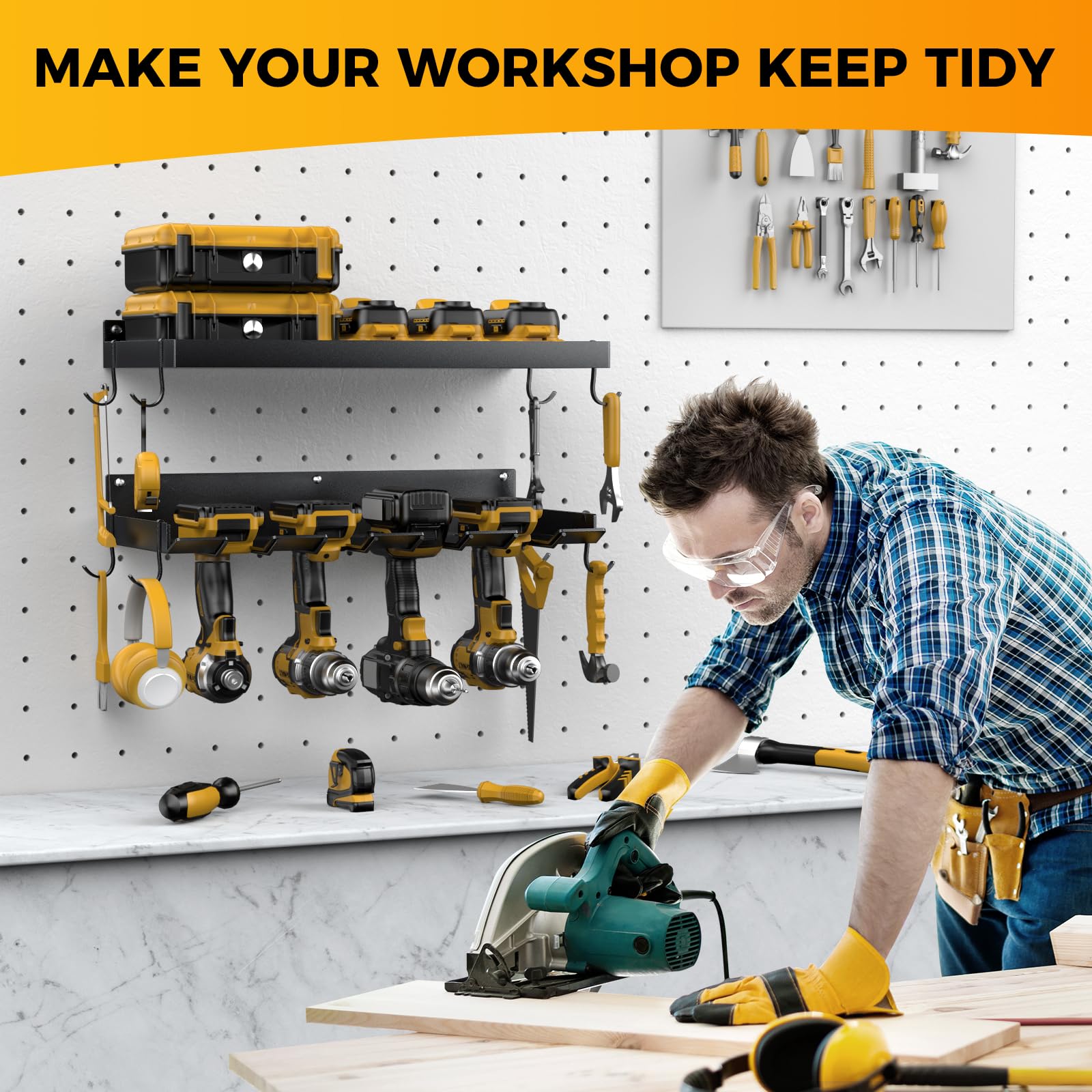Heavy Duty Wall Mount Power Tool Organizer with 4 Drill Holders & Hooks - Garage Storage for Batteries, Tool Box, Screwdrivers, Pliers & Hammers | Perfect Workshop Organization & DIY Gifts for Men