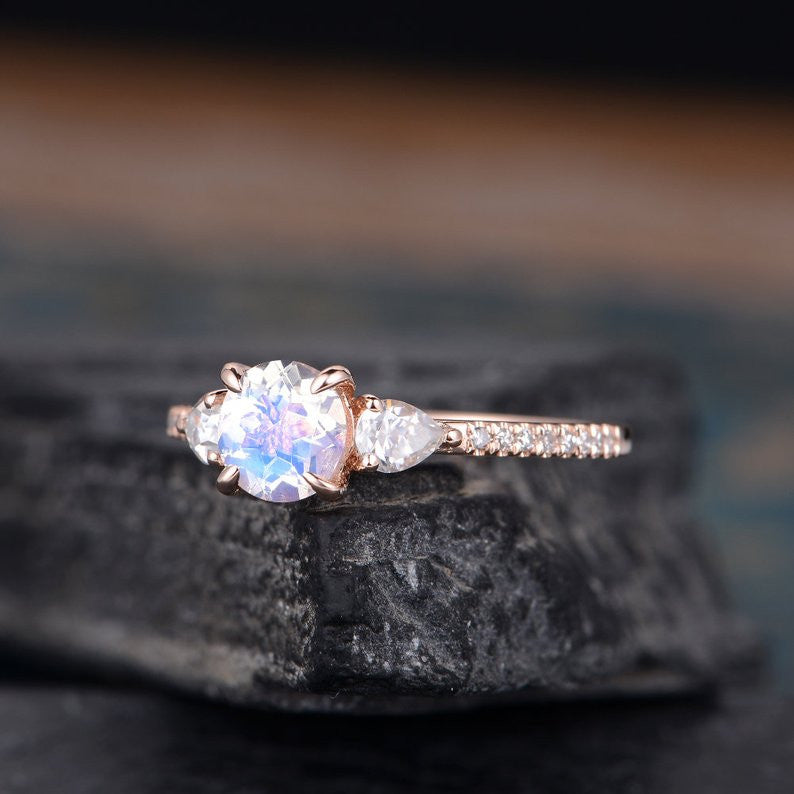 Rose Gold Moonstone Engagement Ring with Pear Moissanite - June Birthstone for Women - Perfect for Weddings, Anniversaries & Special Occasions