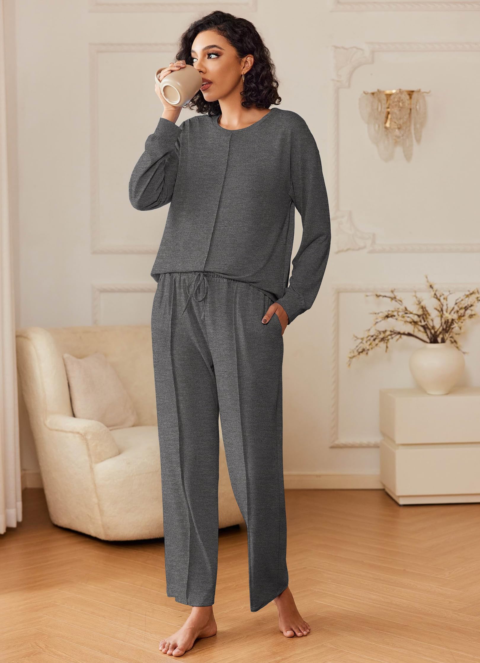 Ekouaer Women's 2-Piece Pajama Set - Long Sleeve Sleepwear Top & Pants with Pockets | Soft & Cozy Loungewear S-XXL | Perfect for Sleeping, Lounging & Relaxing at Home