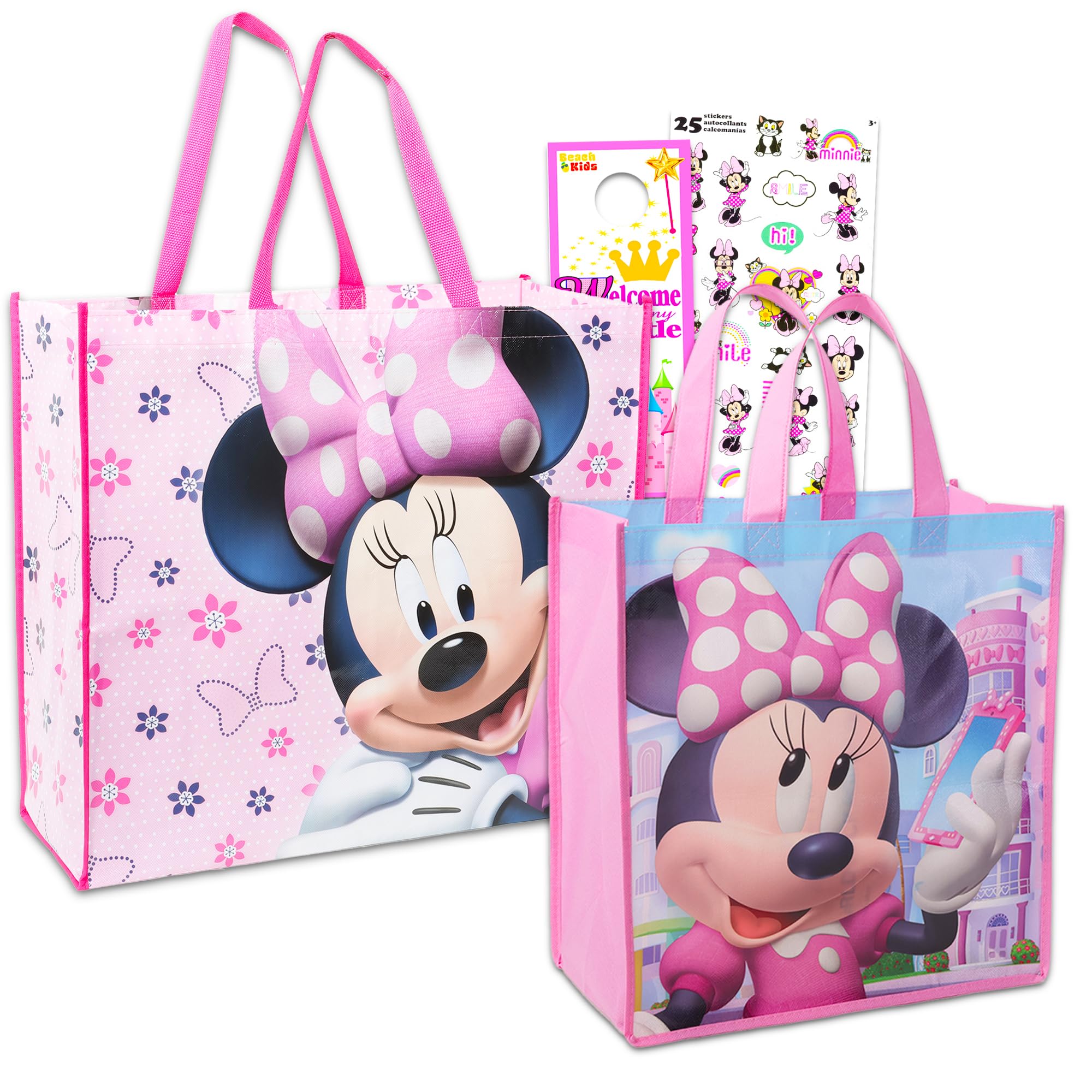 Minnie Mouse Tote Bags 2-Pack - Large Reusable Grocery Shopping Bags with Minnie Mouse Design & Bonus Stickers - Perfect for Disney Fans, Grocery Trips & Beach Outings