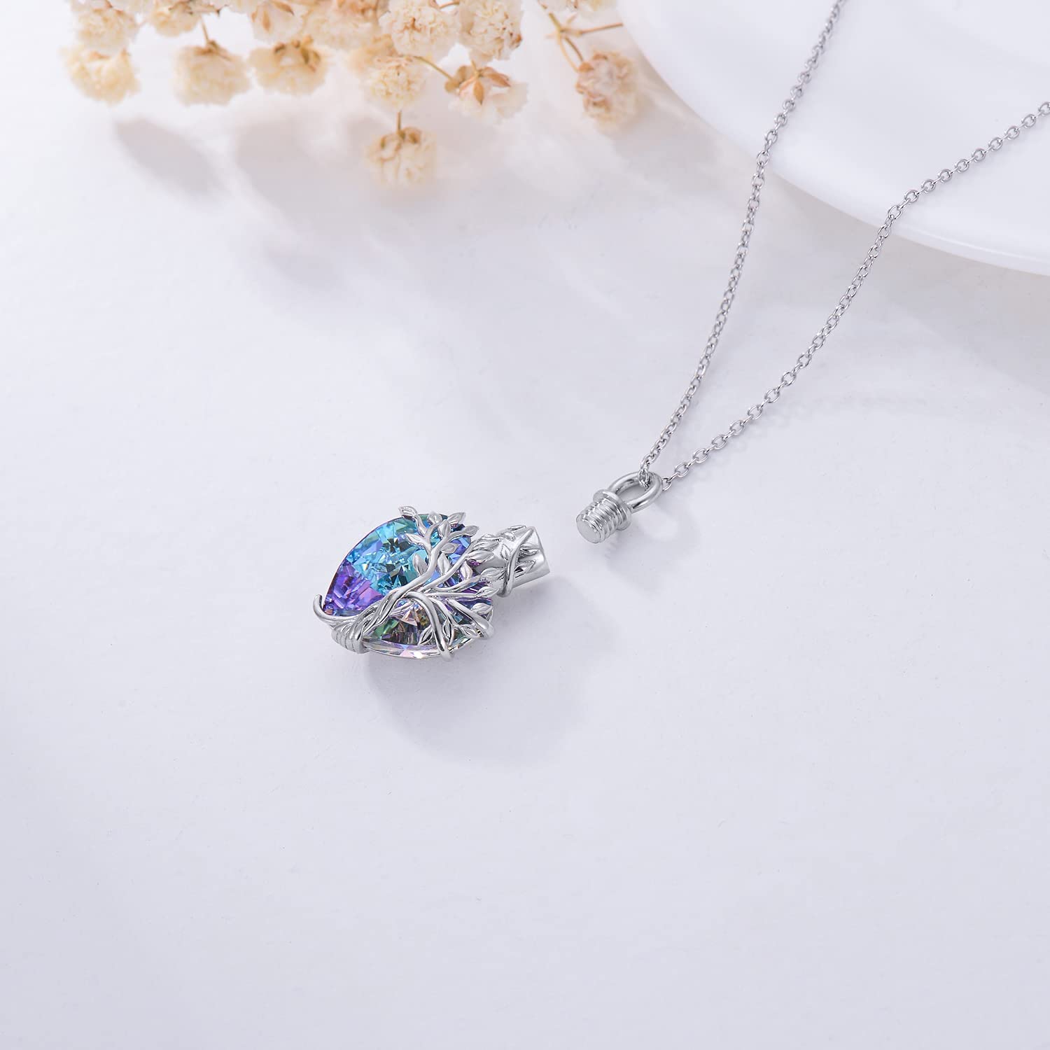 TOUPOP Heart Tree of Life Urn Necklace & Earrings Set with Purple Crystal - Memorial Jewelry Gift for Women, Girls - Perfect for Remembrance, Sympathy & Special Occasions