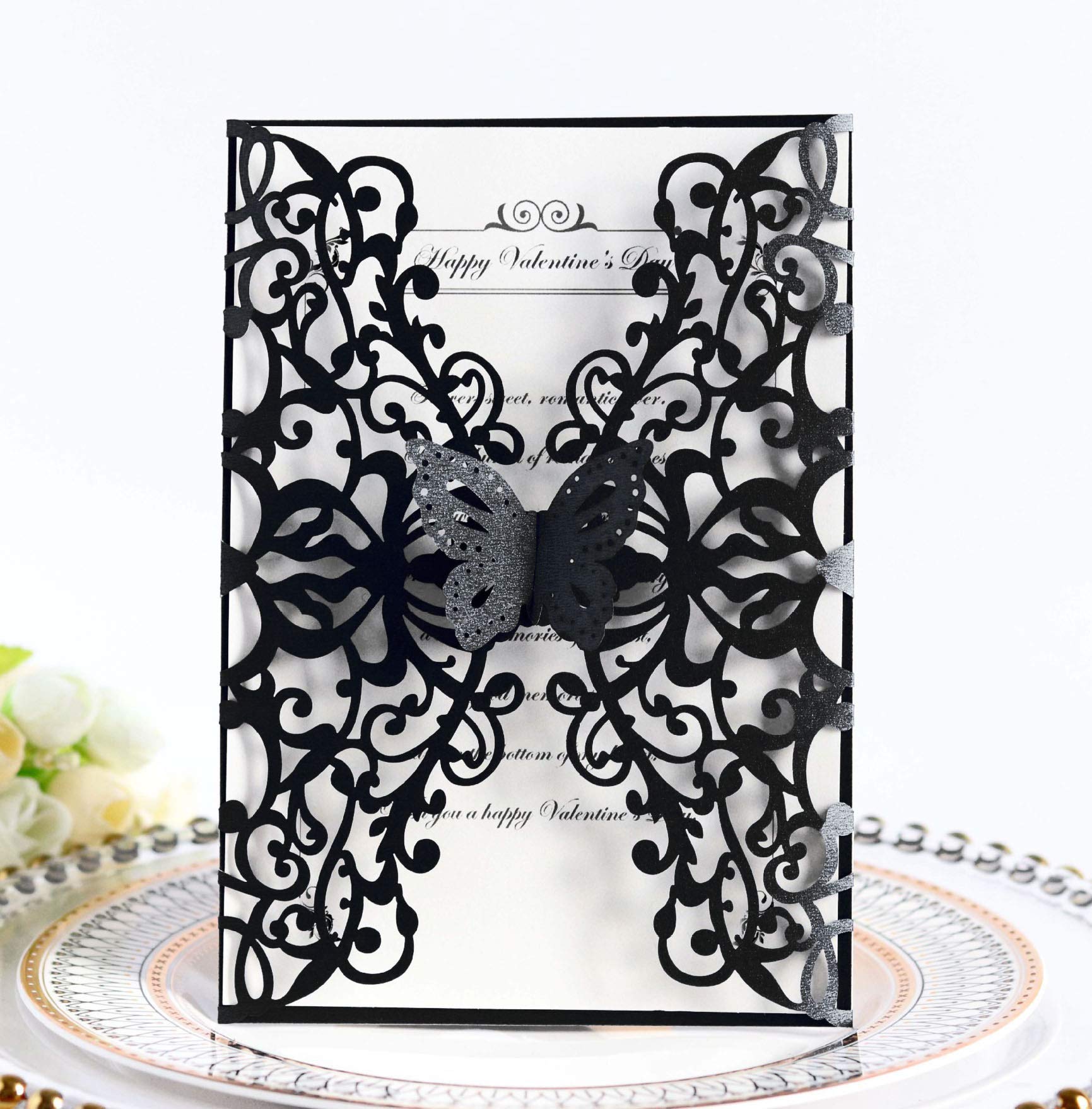 50 Sets Elegant Laser Cut Butterfly Wedding Invitation Cards - Floral Multi-Color Decor with RSVP - Perfect for Bridal Showers, Anniversary Parties & Formal Events (Black)