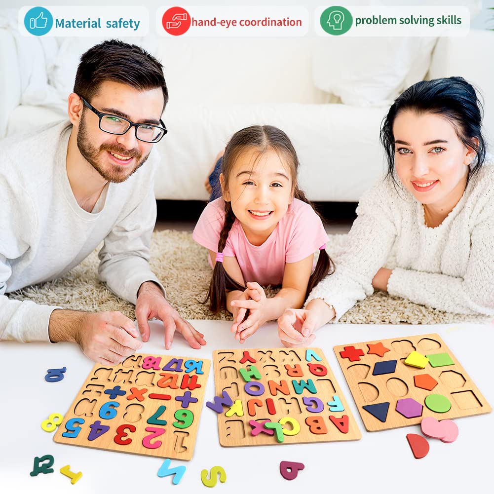 Wooden ABC Alphabet Number Shape Puzzles for Toddlers - 3 in 1 Educational Learning Toys for Kids Boys Girls | Montessori Toys for Early Childhood Development & Homeschooling Activities