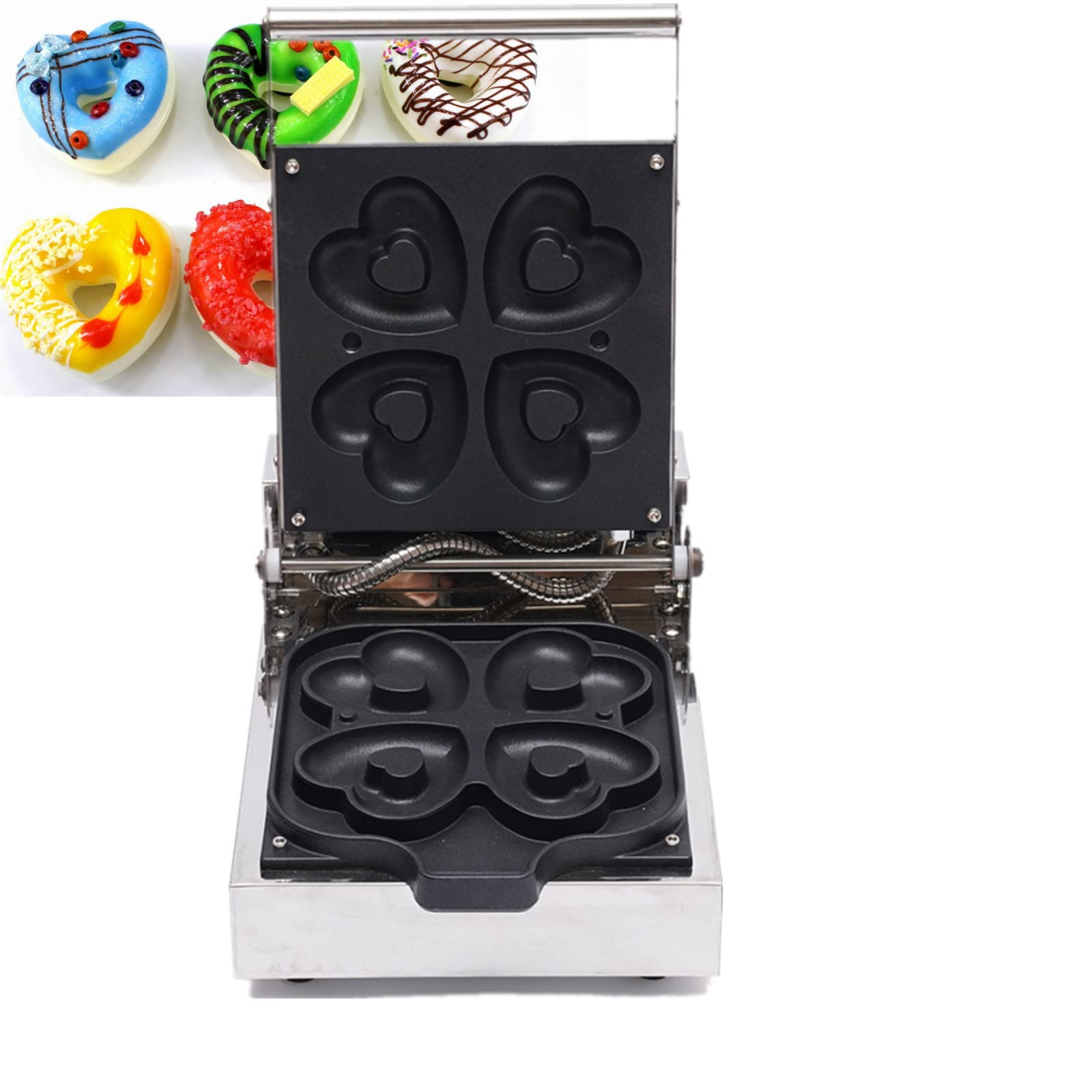 Nonstick Electric Waffle Maker with 4 Heart-Shaped Donut Plates - 1100W Stainless Steel, Adjustable Temperature (50-300°C) & Timer - Perfect for Breakfast, Brunch, and Dessert Making at Home or Commercial Kitchens (110V)