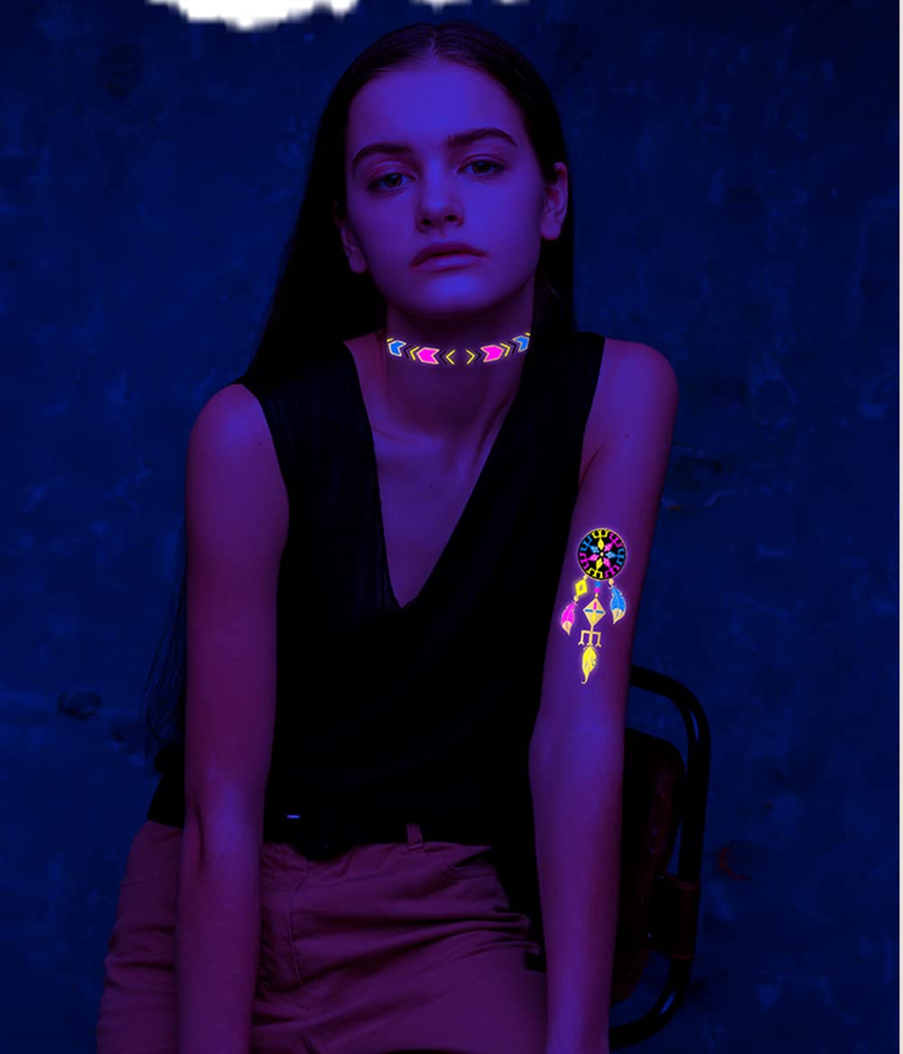 UV Glow Neon Temporary Tattoos - Waterproof Fake Tattoo Stickers for Women & Men (Lion, Tiger, Wolf, Lizard Designs) | 21x15CM Body Art for Parties, Festivals & Costume Events