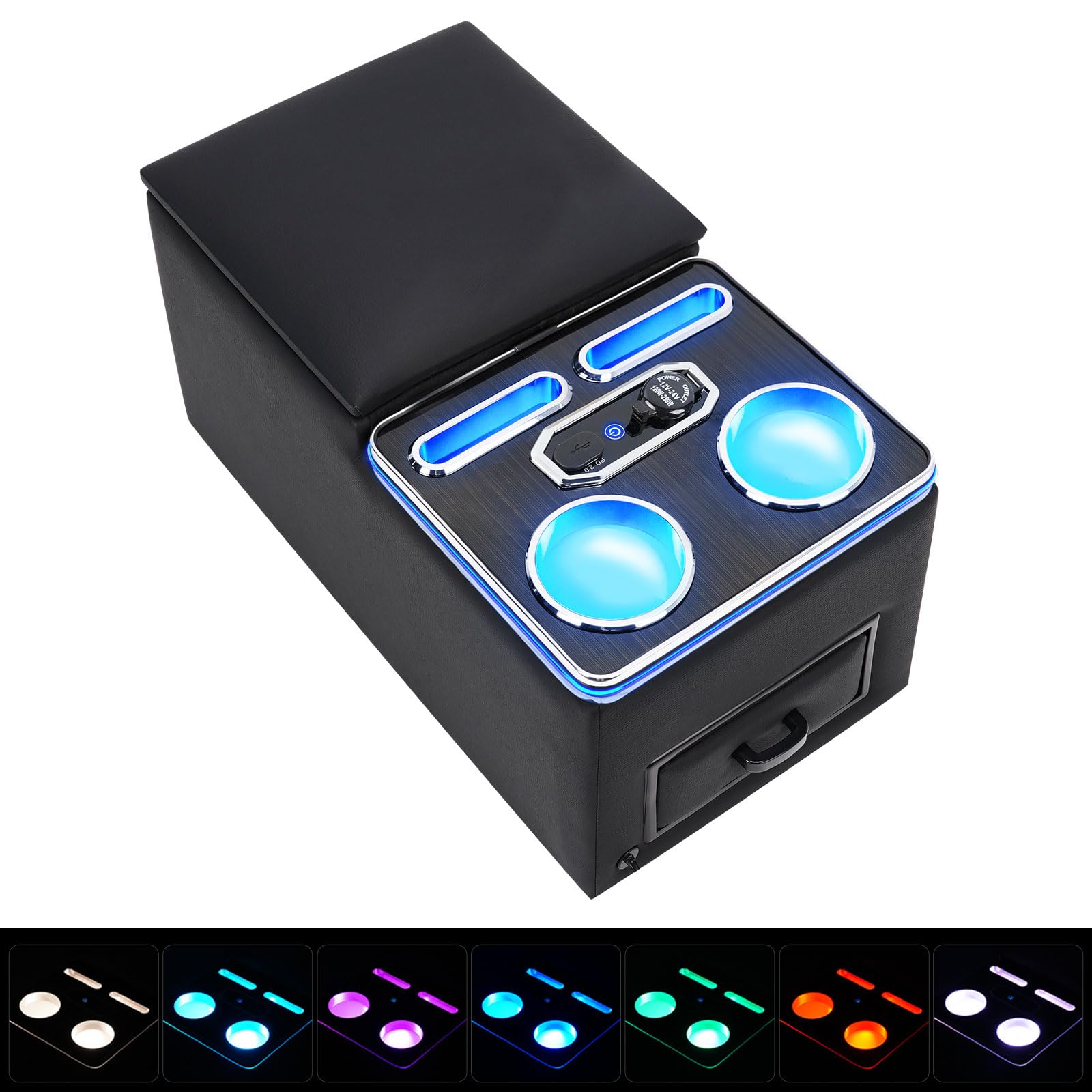 Universal Car Bench Seat Center Console Organizer with Fast Wireless Charging & 7-Color Adjustable LED Lights - Black | Perfect for Road Trips, Camping & SUV Organization