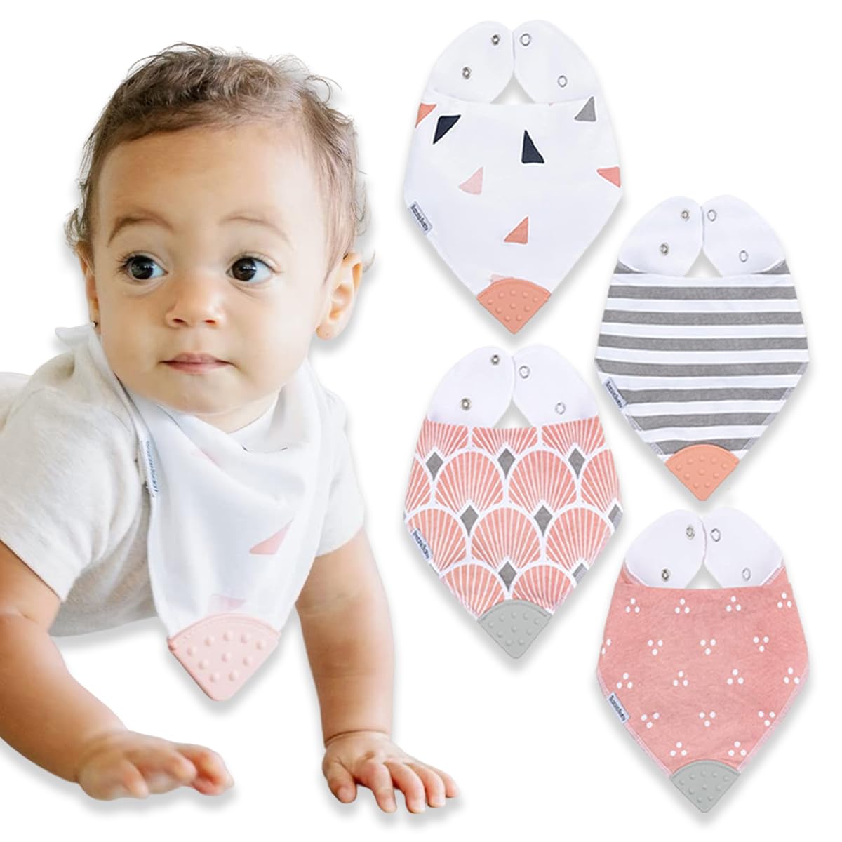 Bazzle Baby Bandana Teething Bibs 4-Pack - Soft Cotton Drool Bibs for Boys & Girls with Silicone Teether, Adjustable & Absorbent Baby Bibs for Drooling (Pink & White) - Perfect for Teething Relief, Mealtime & Everyday Use