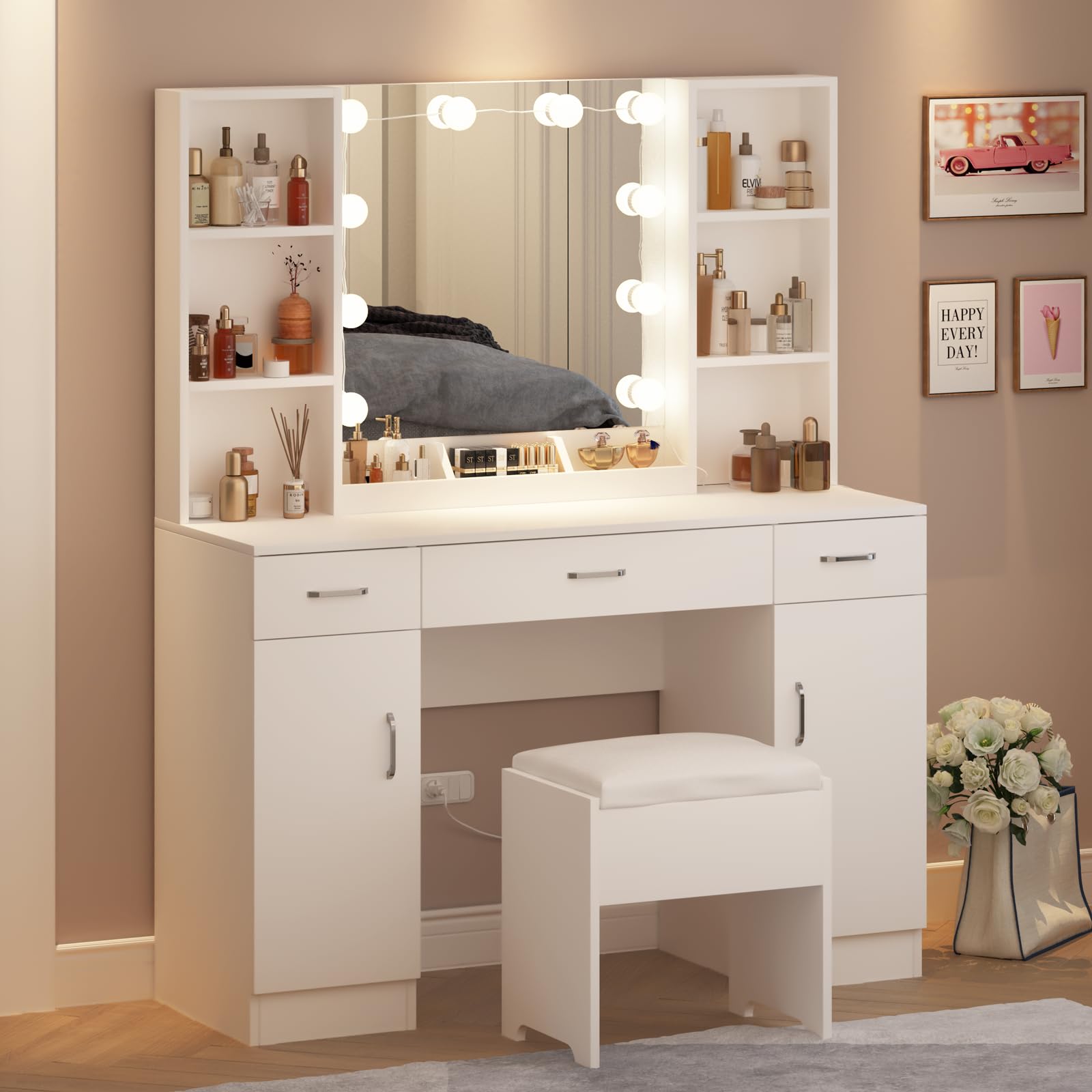 Vabches White Makeup Vanity Desk with LED Lights - 3 Adjustable Lighting Colors, Large Dressing Table with 3 Drawers, 2 Cabinets & Multiple Shelves (45.2 Inch) - Perfect for Bedroom, Dorm Room & Beauty Salon Makeup Station