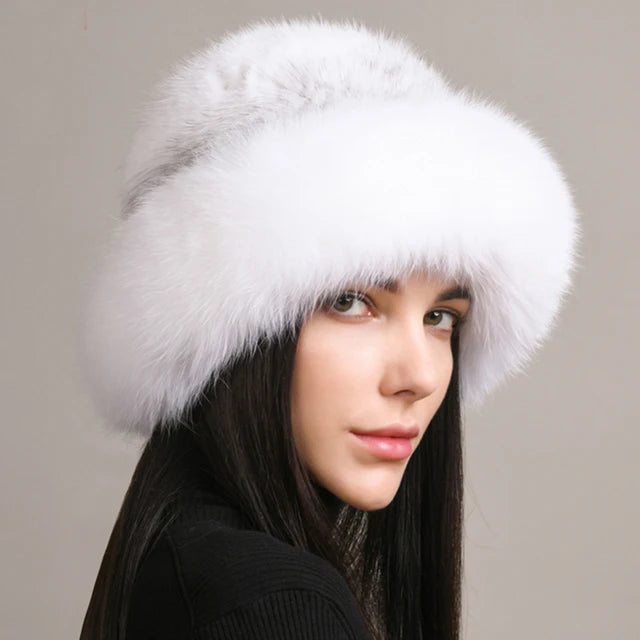 Luxury Handmade Knitted Mink Fur Hat with Real Fox Fur - Women's Winter Fashion Accessory for Cold Weather, Outdoor Activities & Holiday Gifts