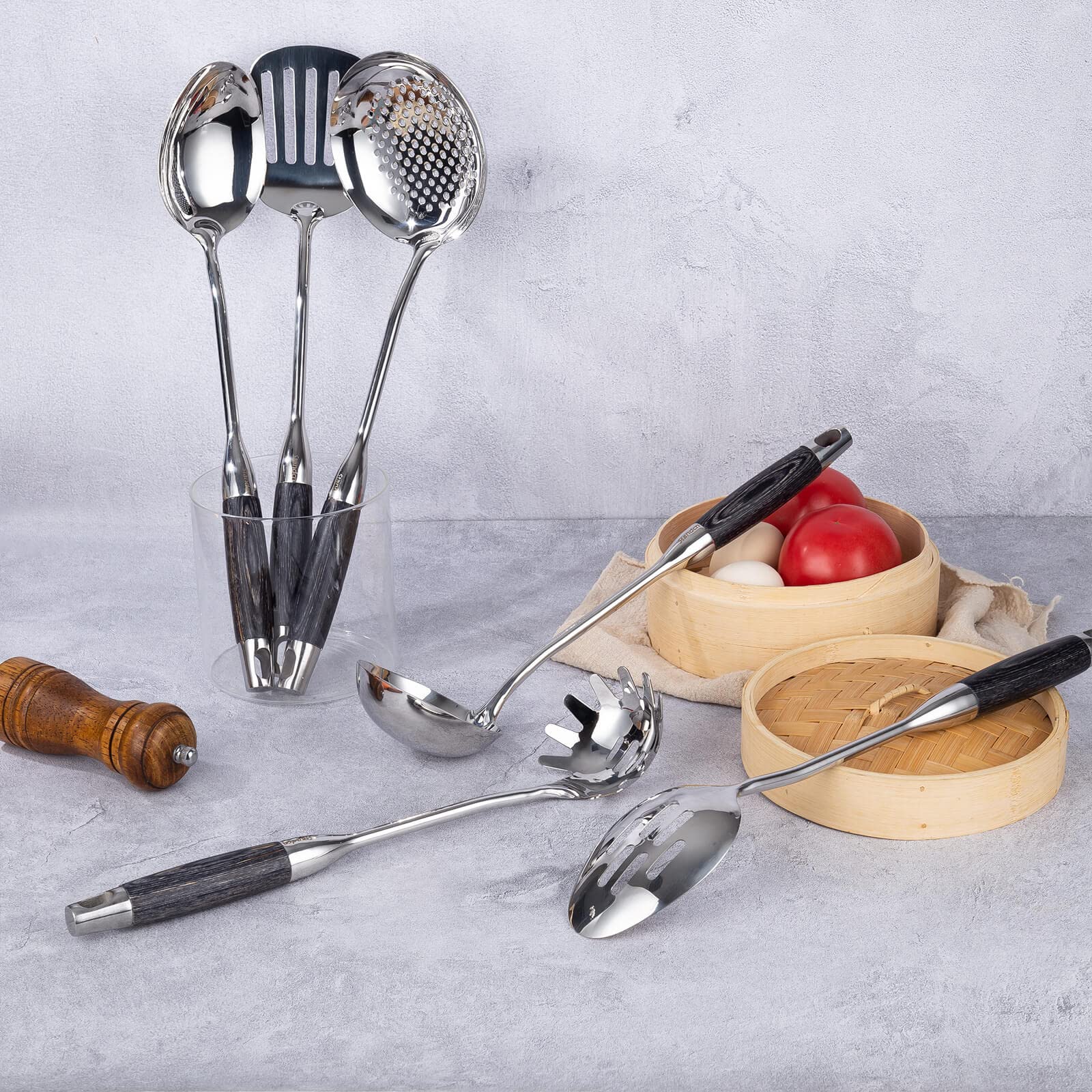 Premium 18/10 Stainless Steel Kitchen Utensil Set with Wooden Handles - 6-Piece Cooking Tools Including Slotted Spoon, Solid Spoon, Turner, Skimmer, Soup Ladle & Pasta Spoon (15