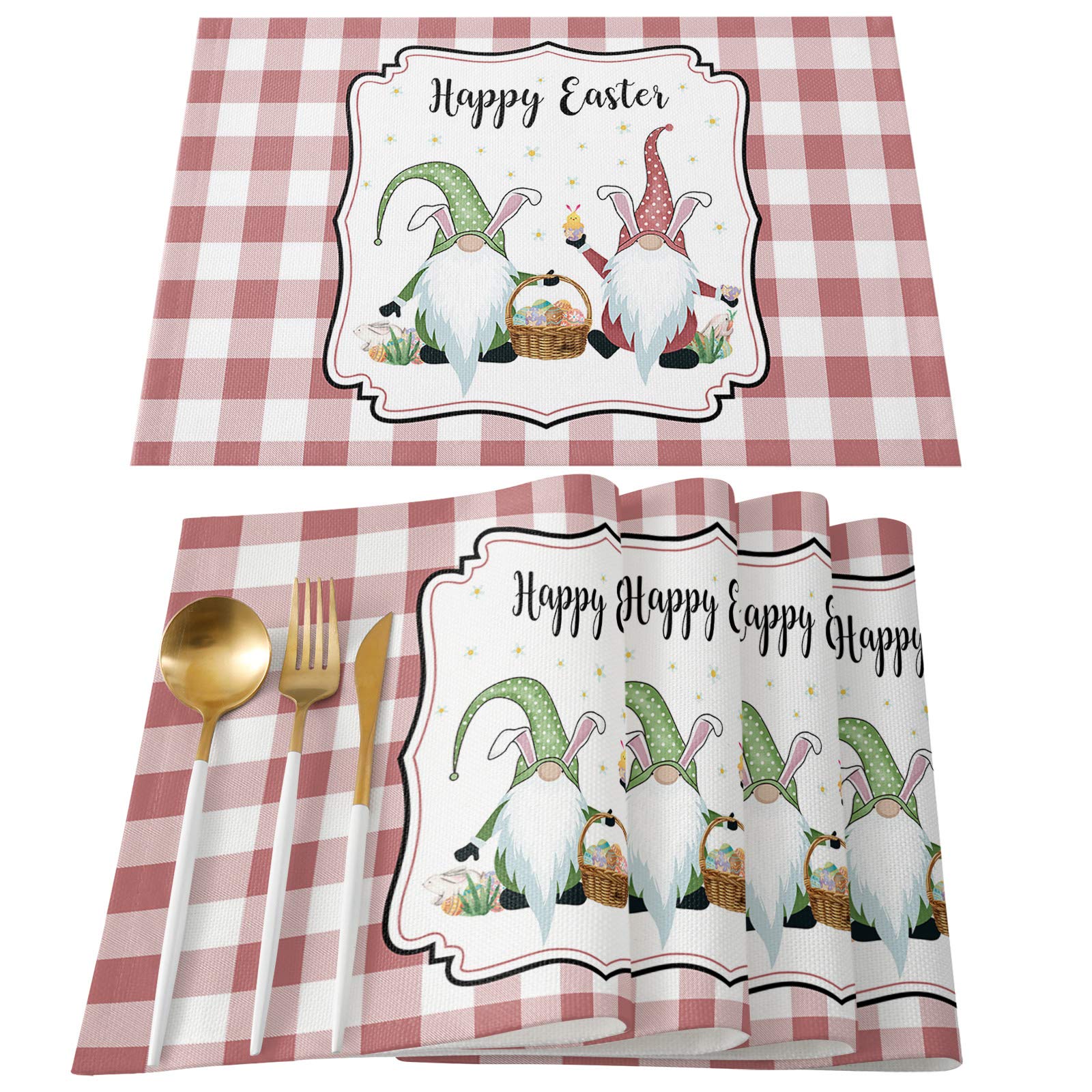 Washable Cotton Linen Placemats Set of 4 - Non-Slip Heat Resistant Table Mats for Dining Kitchen, Farmhouse Style Easter Decor with Cute Gnome Egg Design | Perfect for Holiday Dinners, Family Gatherings & Home Decor