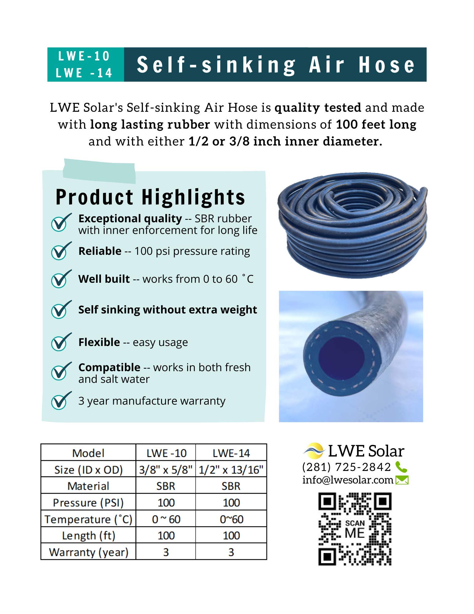1/2 Inch ID Self Sinking Weighted Air Hose - 100 Feet SBR Rubber Durable Water Hose for Scuba Diving, Aquariums & Pond Aeration - Heavy Duty Underwater Air Supply Tube