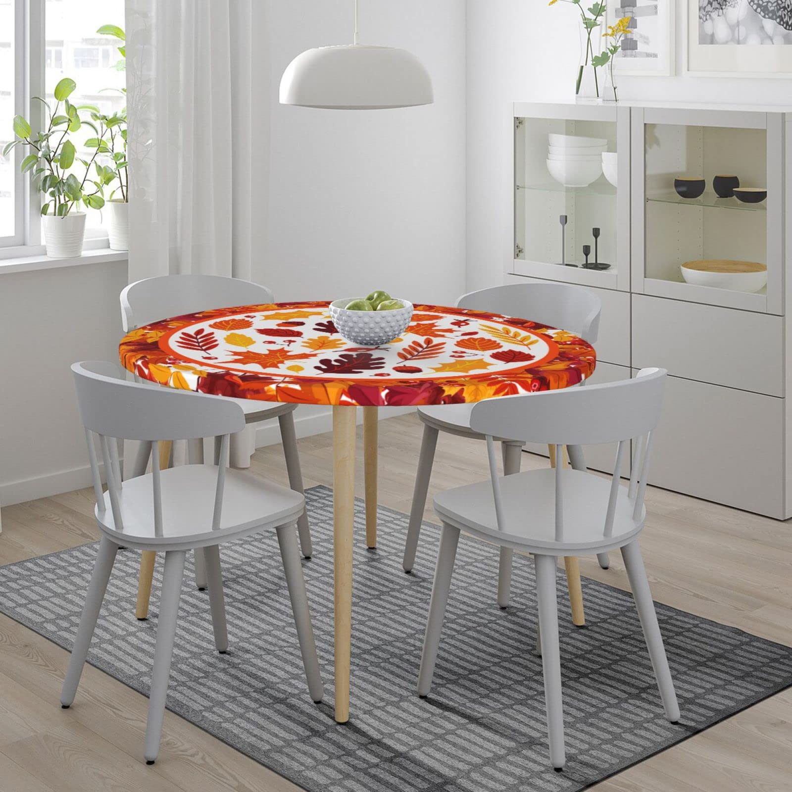 Autumn Maple Leaves Round Elastic Fitted Tablecloth - Washable Stretch Table Cover for Kitchen, Dining, Party (Fits 40-44 Inch Tables) - Perfect for Fall Decorations & Holiday Gatherings