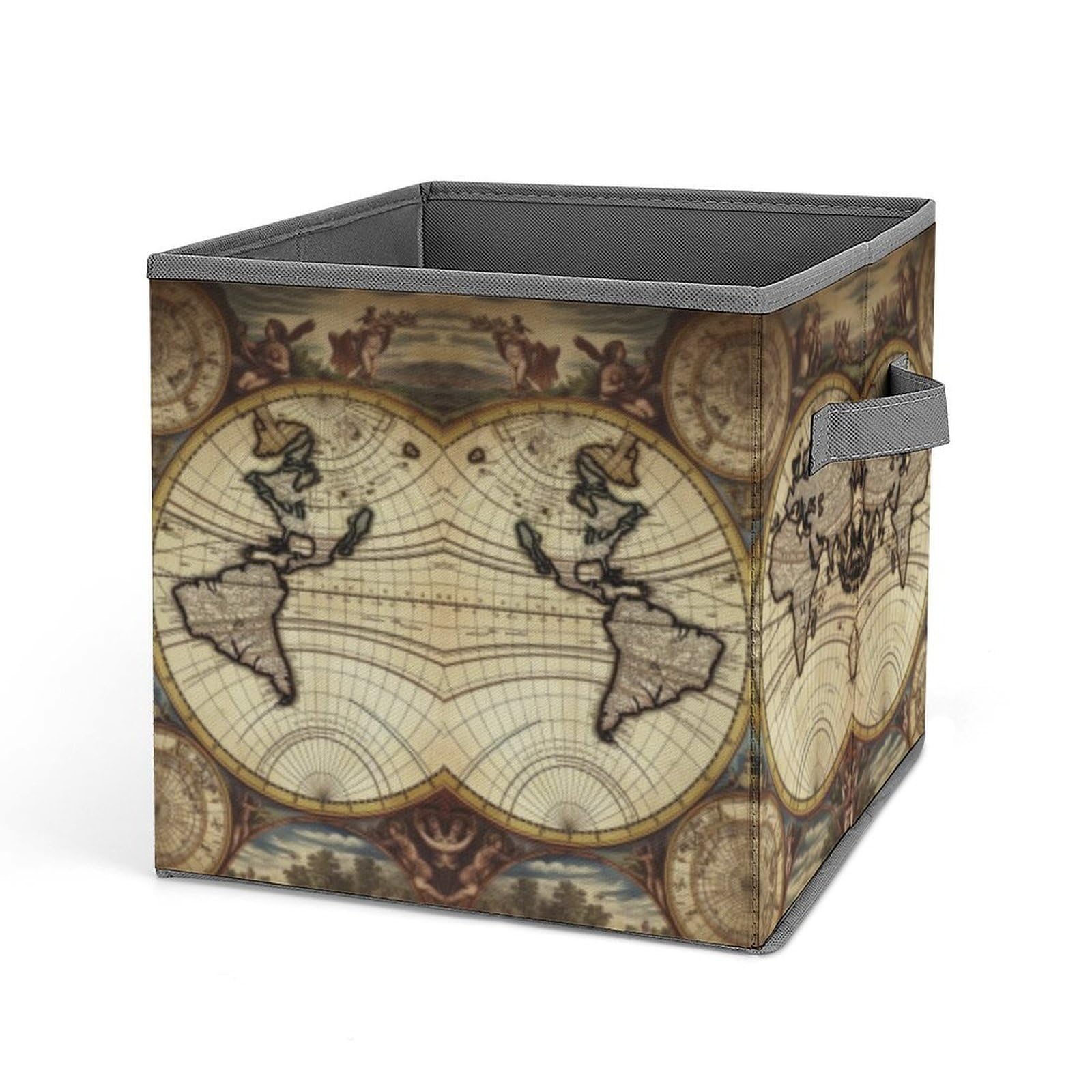 Collapsible Storage Cubes with Handles - 10.6×10.6 Inch Foldable Fabric Bins with Ancient World Map Print for Home Organization | Perfect for Closet, Nursery, Office & Toy Storage