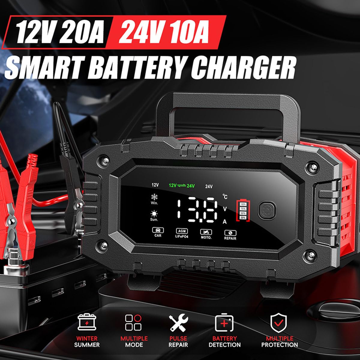 12V/24V Smart Battery Charger for Car, Truck, Motorcycle - Auto Maintenance & Repair