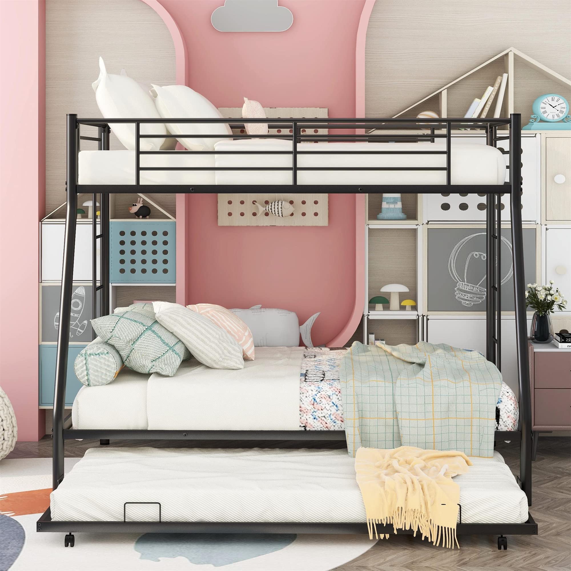 Harper & Bright Designs Low Bunk Beds Twin Over Full Size - Sturdy Metal Bunk Bed with Twin Trundle, No Box Spring Required (Black) - Perfect for Kids' Bedrooms, Guest Rooms & Small Spaces