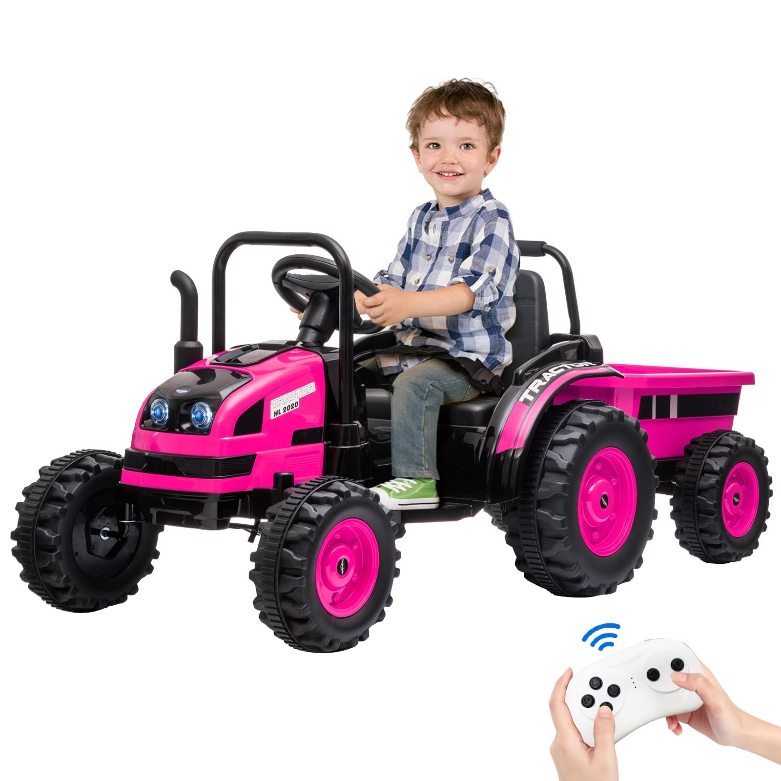 GARVEE 12V Electric Ride On Tractor Toy for Kids - Remote Control, Music, LED Lights & Rear Wheel Suspension with Trailer - Battery Powered Pink Kids Vehicle - Perfect for Outdoor Play, Birthday Gifts & Pretend Farm Adventures