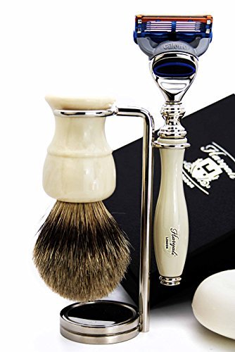 Premium 5-Piece Men's Shaving Kit - Silver Tip Badger Hair Brush, 5-Blade Razor, Stand, Soap & Stainless Steel Bowl - Perfect Gift for Wet Shaving Enthusiasts & Grooming Essentials for Home or Travel