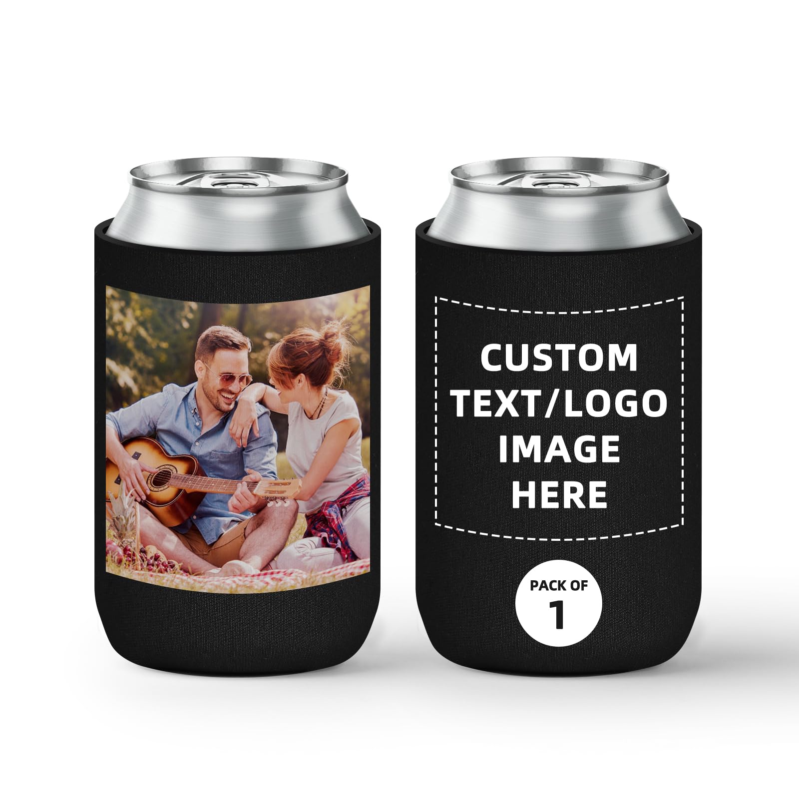 Livole Custom Beer Can Cooler Sleeves Bulk - Personalized Insulated Beverage Can Cooler with Photo, Text & Image for Wedding, Birthday Party, BBQ, Tailgating & Outdoor Events (Black, 1 Pack)
