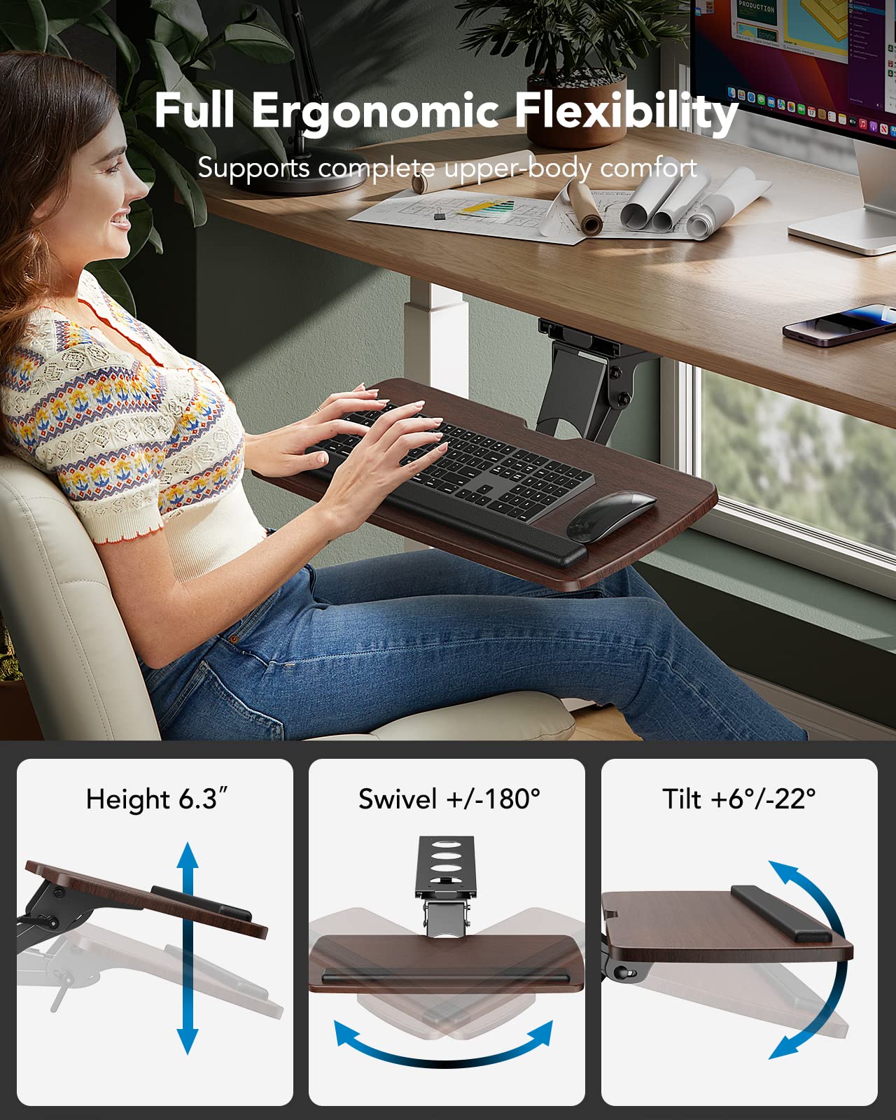 HUANUO Under Desk Keyboard Tray - 360° Adjustable Ergonomic Sliding Keyboard & Mouse Tray with 25