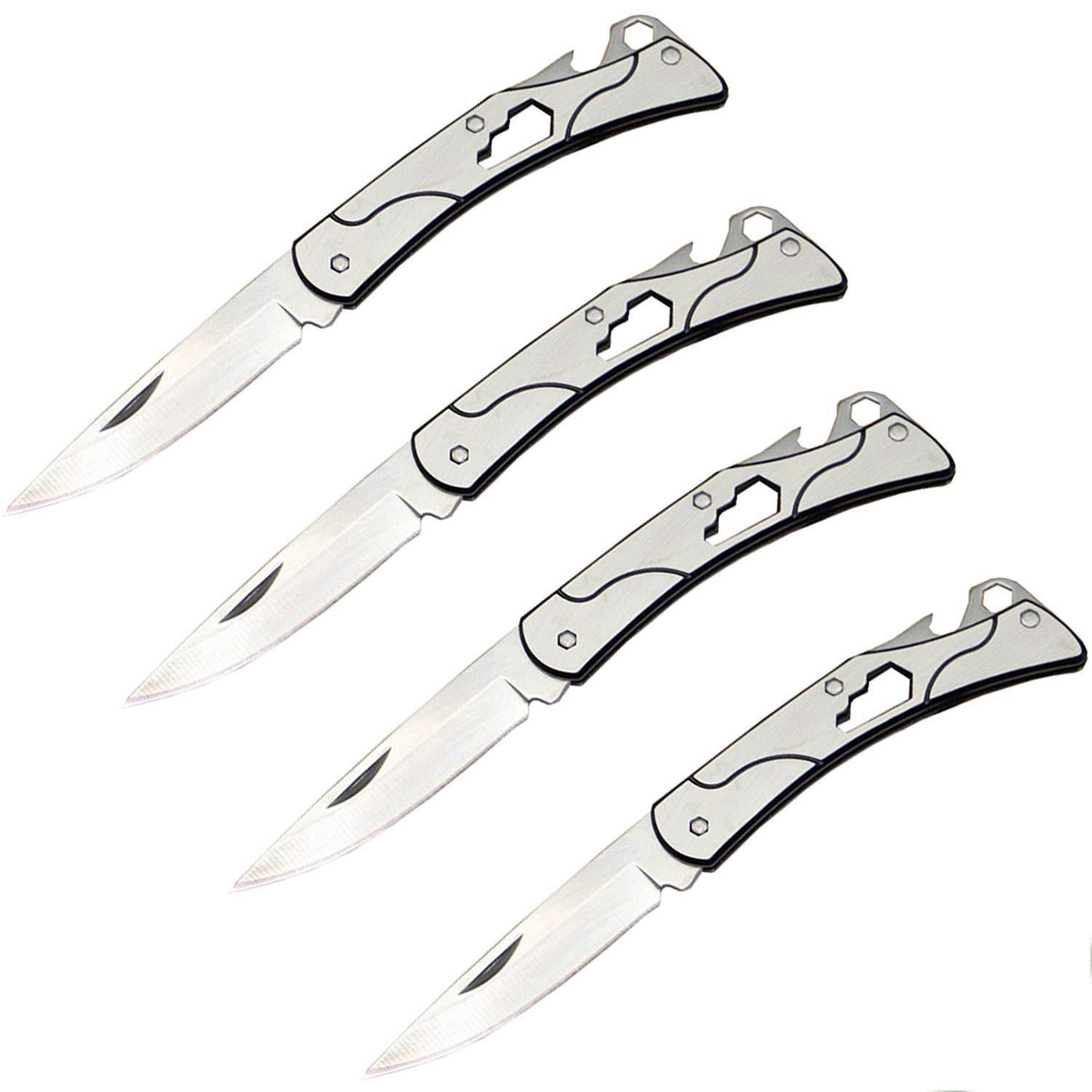 4-Pack Stainless Steel Folding Pocket Knives with Bottle Opener - Compact Self Defense Tool for Camping, Hiking & Everyday Carry (EDC)