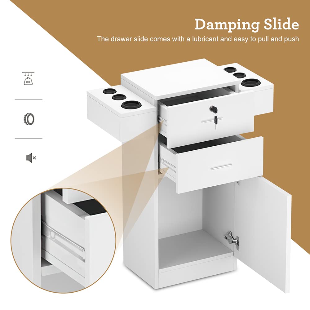 Paddie Locking Salon Storage Cabinet for Hair Stylists - Professional Barber Station with 6 Hair Dryer Holders & 2 Drawers - White Beauty Spa Equipment for Salon Organization & Styling Station Setup