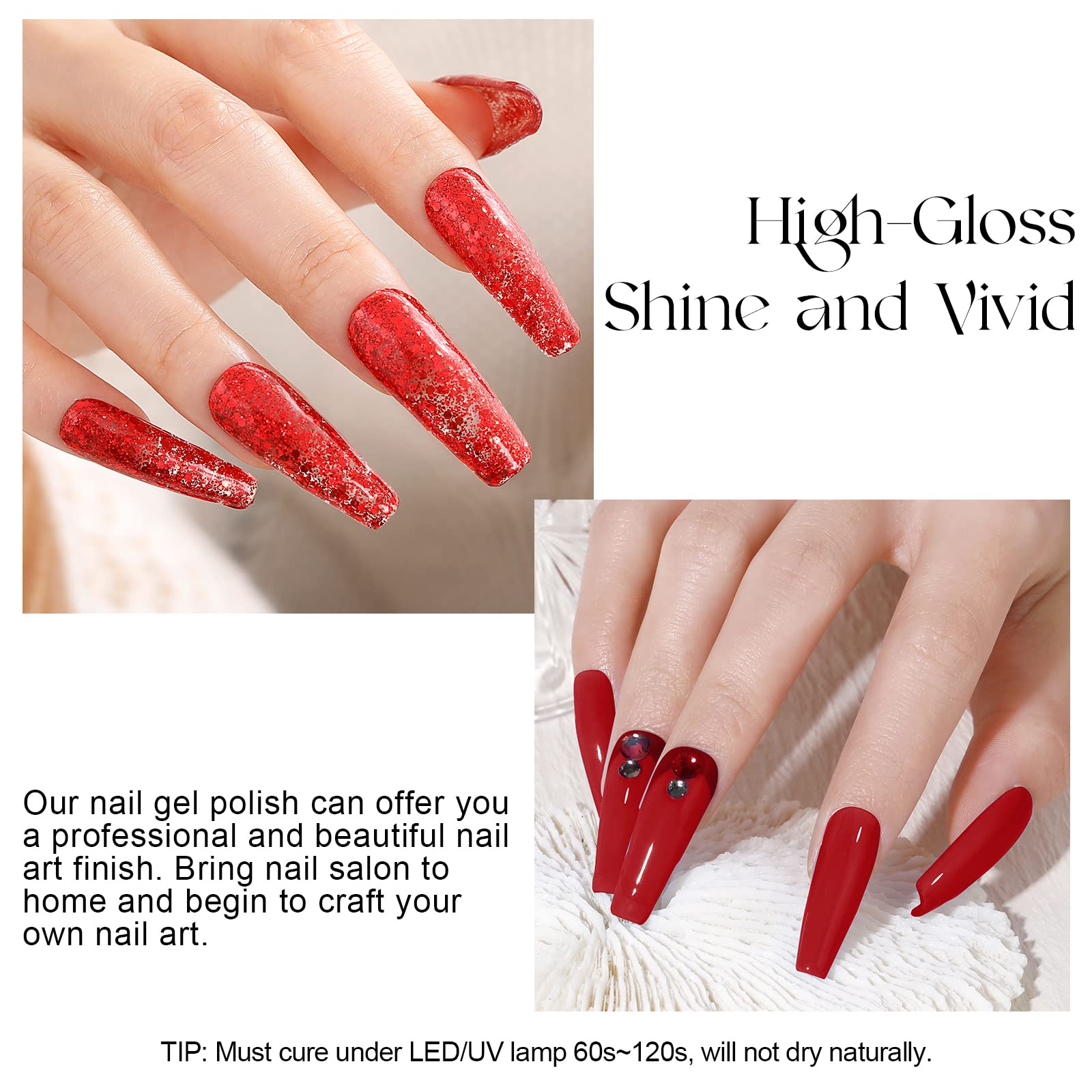 ROSALIND 6PCS Red Gel Nail Polish Set - Glitter Soak Off UV Gel Polish for Nail Art, Manicure & Pedicure | Perfect for Women's Day Gifts, Summer Nails & Professional Salon Use