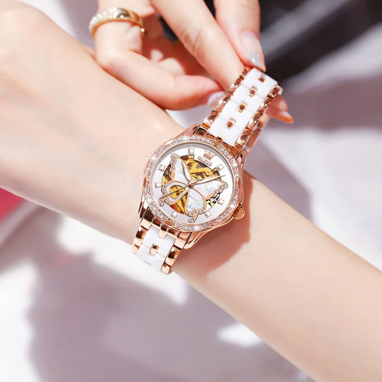 OLEVS Women's Luxury Diamond Automatic Self-Winding Watch - Elegant Stainless Steel & Ceramic Dress Watch with Luminous Hands, Waterproof for Daily Wear - Perfect for Business, Party & Special Occasions