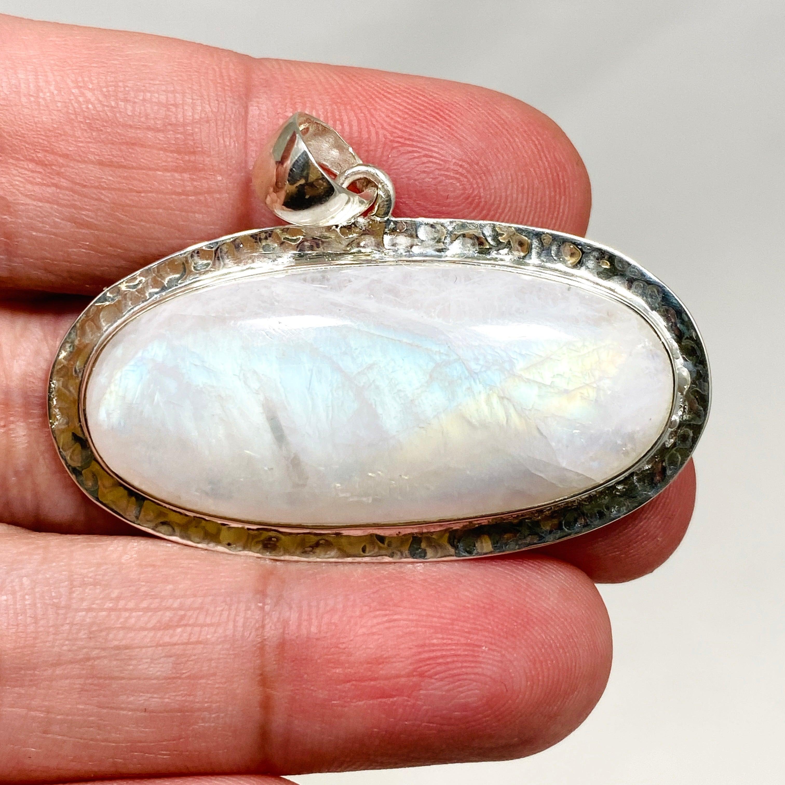 Moonstone Oval Pendant Necklace with Hammered Sterling Silver Setting KPGJ4242 - Elegant Boho Jewelry for Women, Perfect for Weddings & Special Occasions
