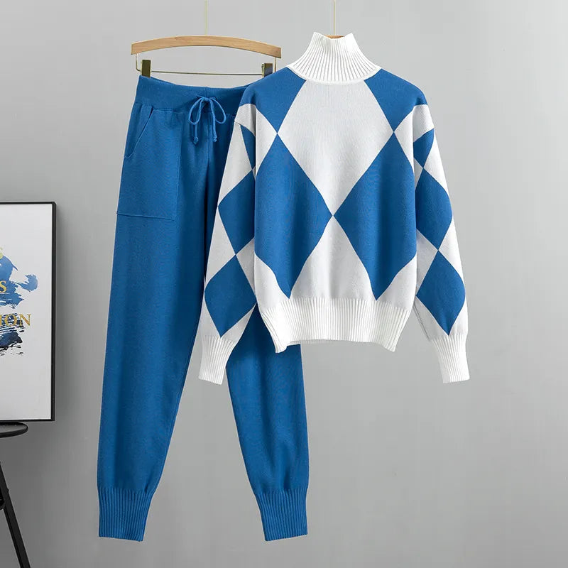 Women's Geometric Knit Sweater & Pants Set - Soft Thick Winter Pullover & Long Pants Casual Outfit (2PC Tracksuit) - Perfect for Autumn Winter Fashion, Lounge Wear & Casual Outings