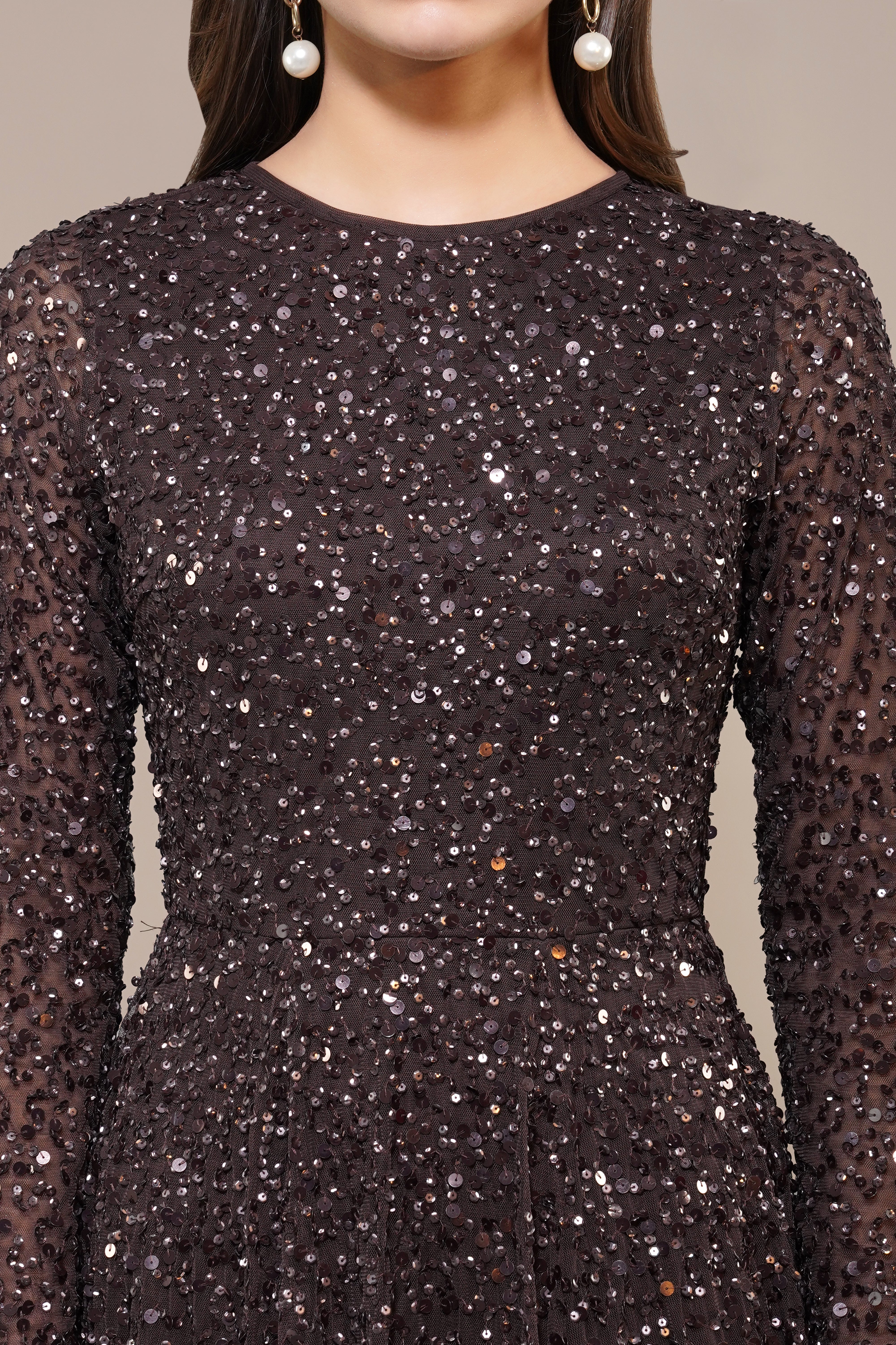 Elegant Coffee Brown Embellished Long Sleeve Maxi Dress for Women - Perfect for Weddings, Parties & Evening Events