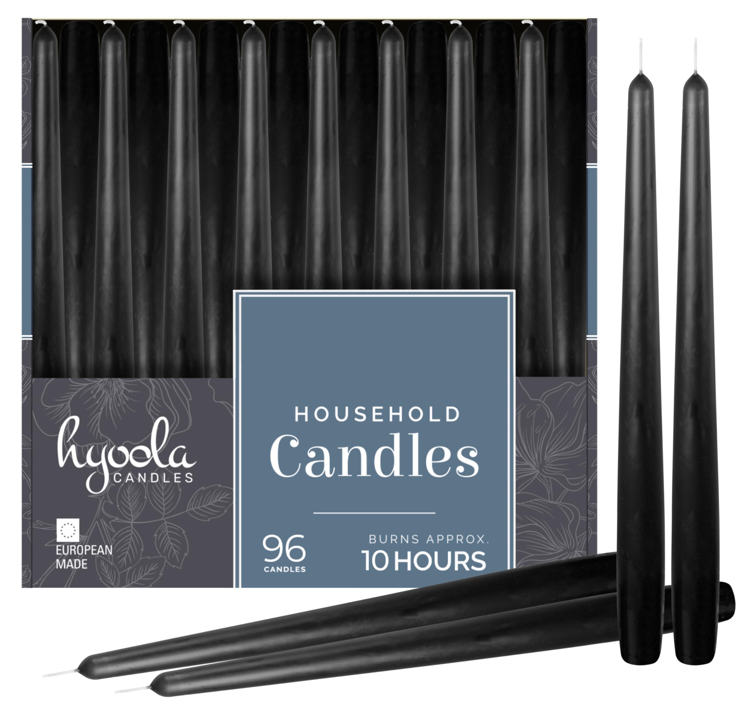 Hyoola 12 Inch Black Unscented Dripless Taper Candles Bulk Pack of 96 - Long-Lasting 10 Hour Burn Time - Perfect for Weddings, Dinner Parties, and Home Decor