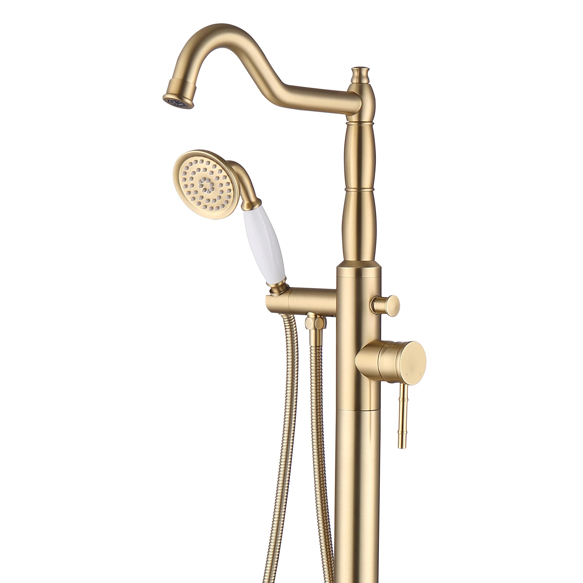 Seablueky Freestanding Bathtub Faucet - Brushed Gold Floor Mount Tub Filler with Rotating Handheld Shower - Stylish Brass Standalone Clawfoot Tub Faucet for Soaking Tubs - Perfect for Luxury Bathrooms & Spa Retreats