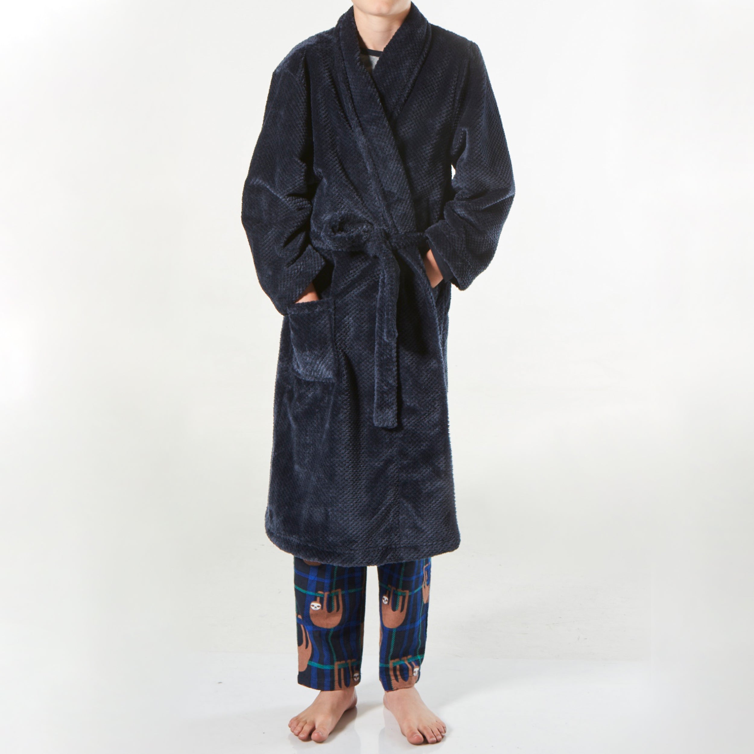 Boys Waffle Texture Coral Fleece Robe - Navy Blue Soft Warm Bathrobe for Kids - Perfect for Winter, Lounging & Spa Days