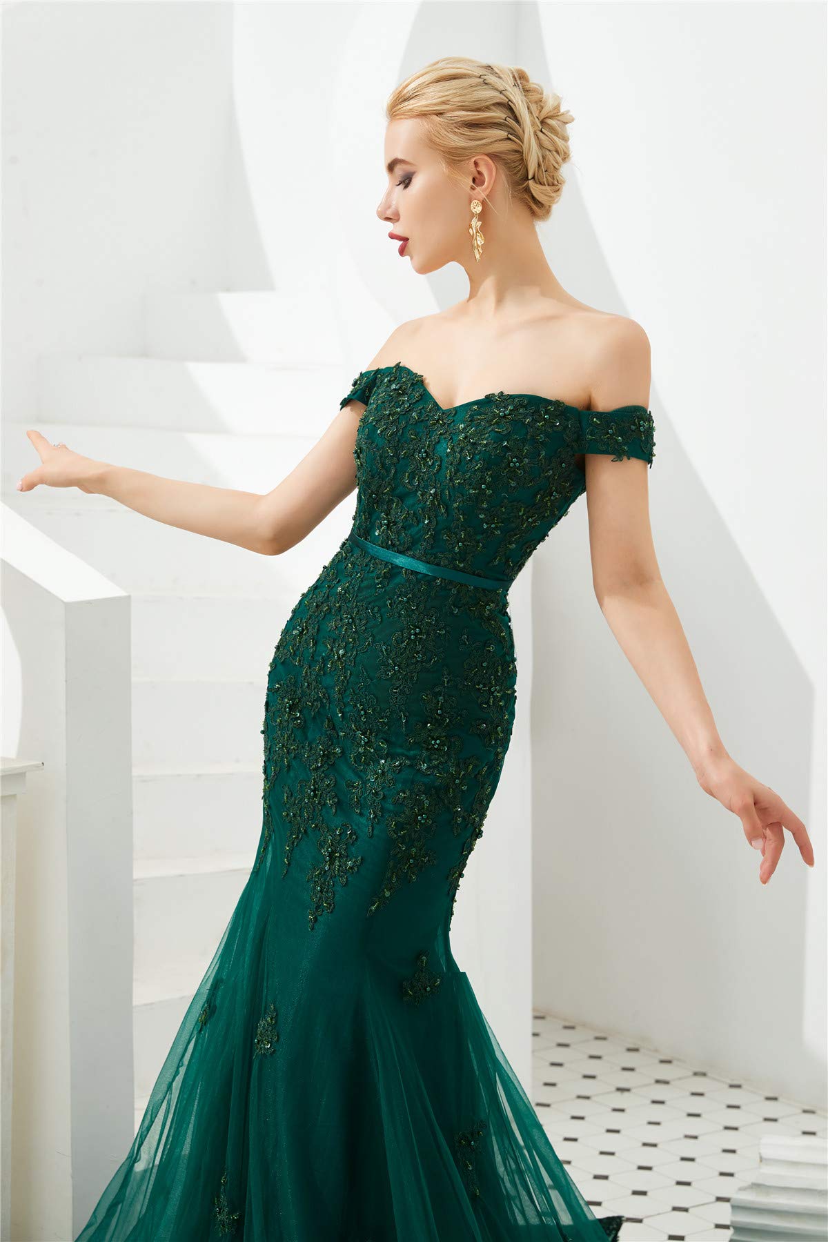 Elinadress Women's Off Shoulder Long Lace Prom Dress Mermaid Beaded Evening Gown - Elegant Formal Gown for Prom, Wedding, Party & Special Occasions