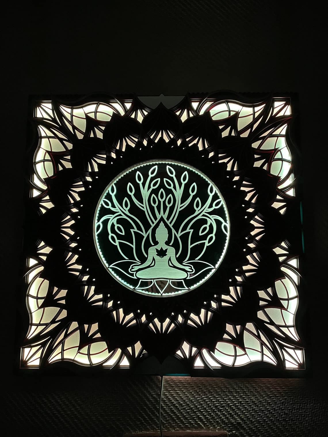 BHDecor Glowing Wall Art - Laser Cut LED Wooden Mandala Hanging Panel with Remote Control, 22.8x22.8 inch (58cm) - Perfect for Bedroom, Living Room & Meditation Space Decor