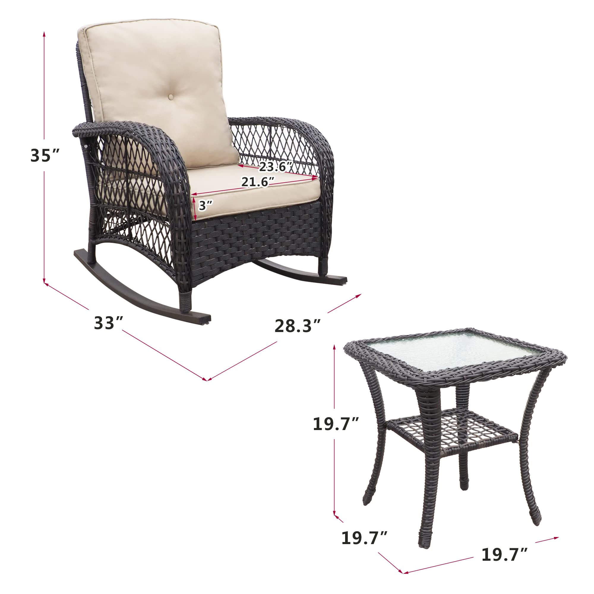 3-Piece Rattan Rocking Chair Set with Khaki Cushions & Coffee Table - All-Weather Resin Wicker Patio Furniture for Backyard, Garden & Living Room | Perfect for Outdoor Relaxation, Porch Sitting & Home Decor