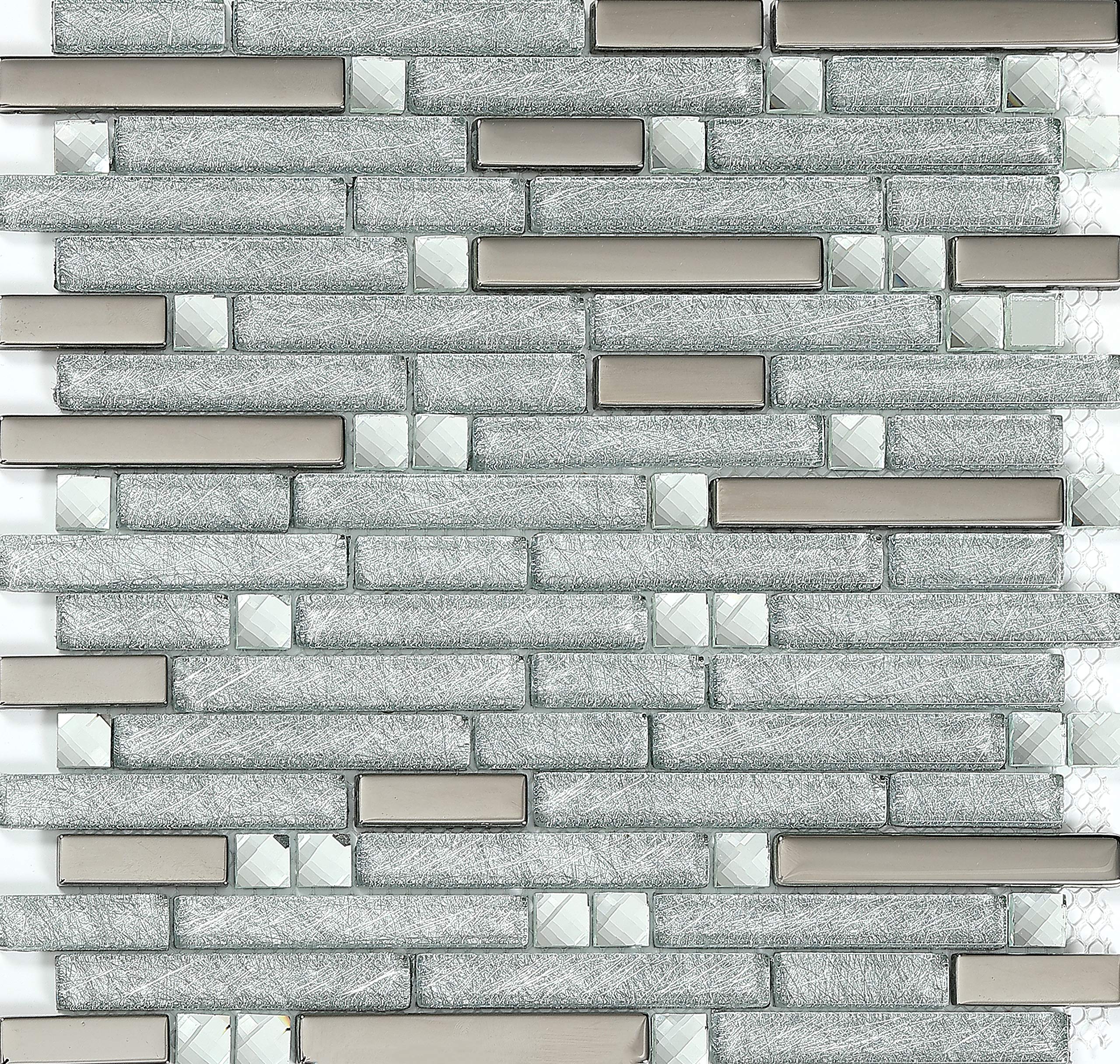 Sparkling Silver Crystal Glass Metal Mosaic Tiles - Stain Resistant Linear Design for Kitchen Backsplash, Bathroom & Shower Walls (6 Sq Ft) - Perfect for Modern Home Decor and Commercial Spaces