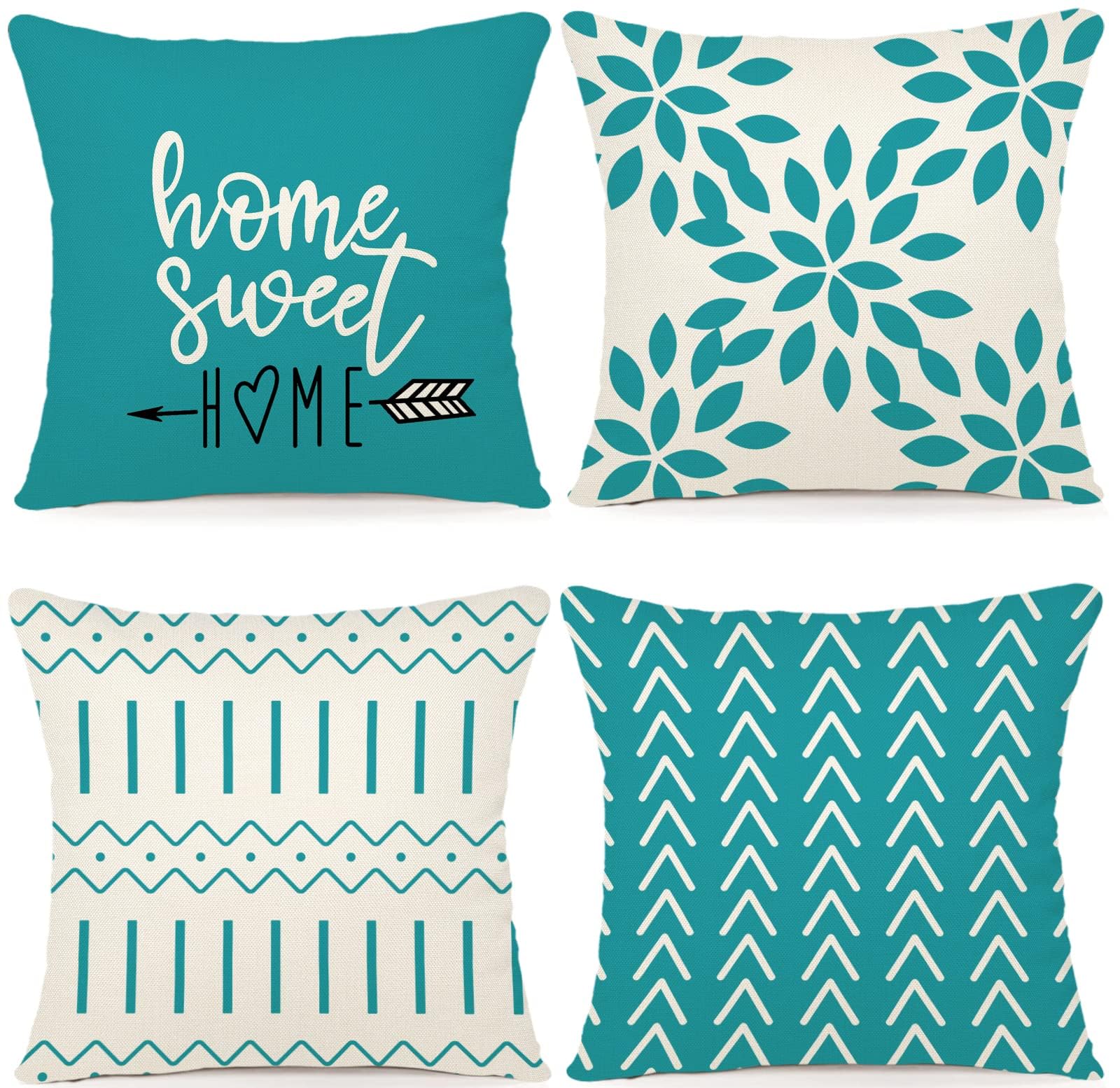 YCOLL 18x18 Inch Pillow Covers Set of 4 - Modern Linen Fabric Decorative Throw Pillow Cases for Sofa, Couch, Bed & Car - Aqua Blue - Perfect for Living Room, Bedroom & Outdoor Decor