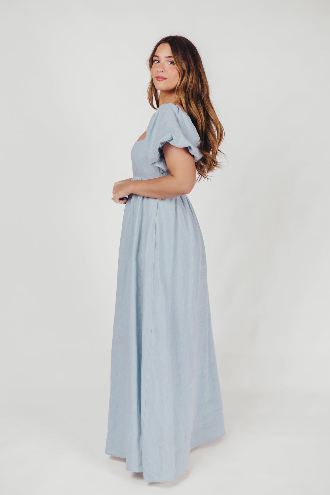 Candace Maxi Dress in Light Blue | 100% Linen Bump Friendly Maternity Dress | Perfect for Pregnancy, Beach Vacations & Summer Outfits (Low Stock)