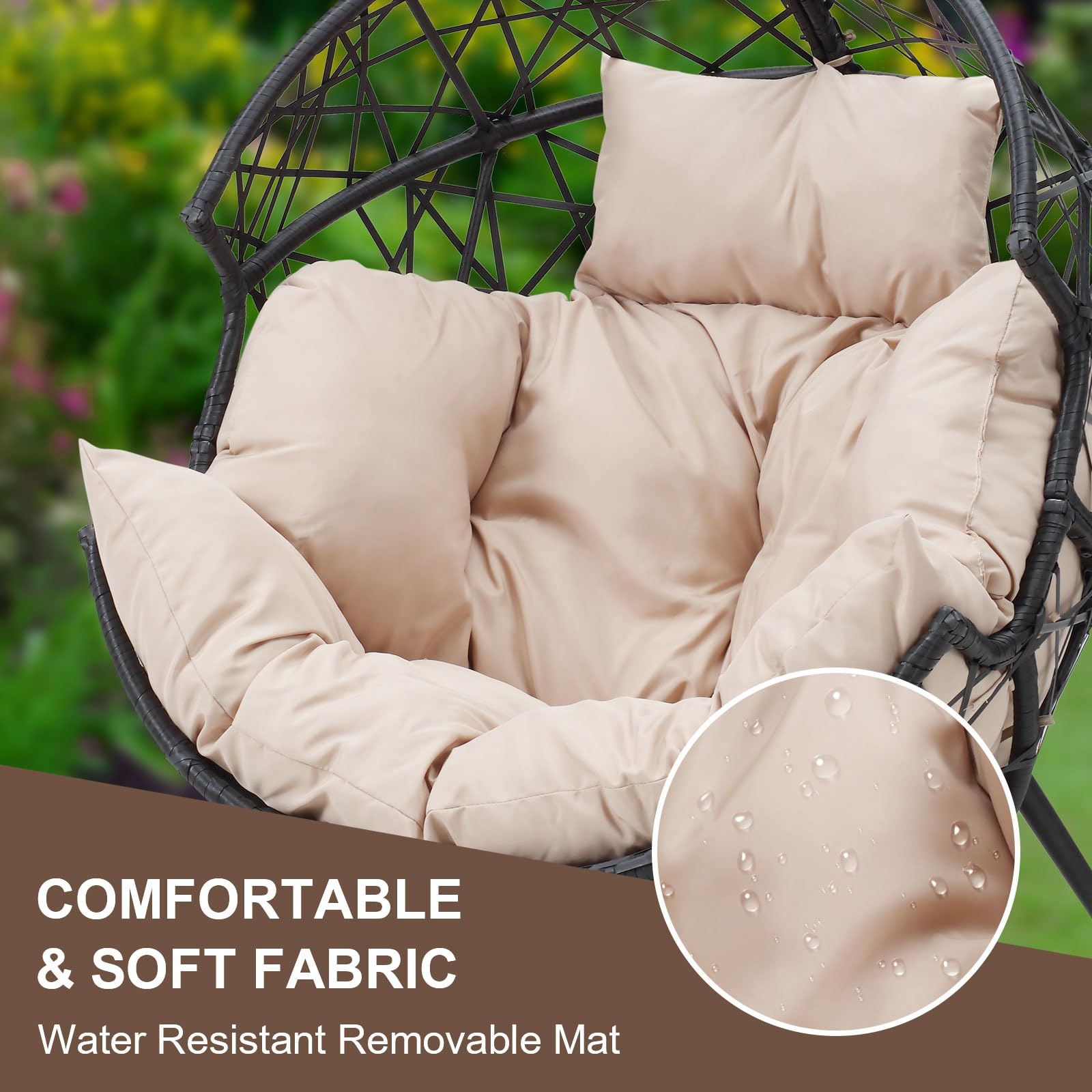 **Outdoor/Indoor Egg Chair - Wicker Hanging Egg Lounger with Cushion & Stand for Patio, Backyard, Living Room - Beige (Perfect for Relaxing, Reading & Sunbathing)**